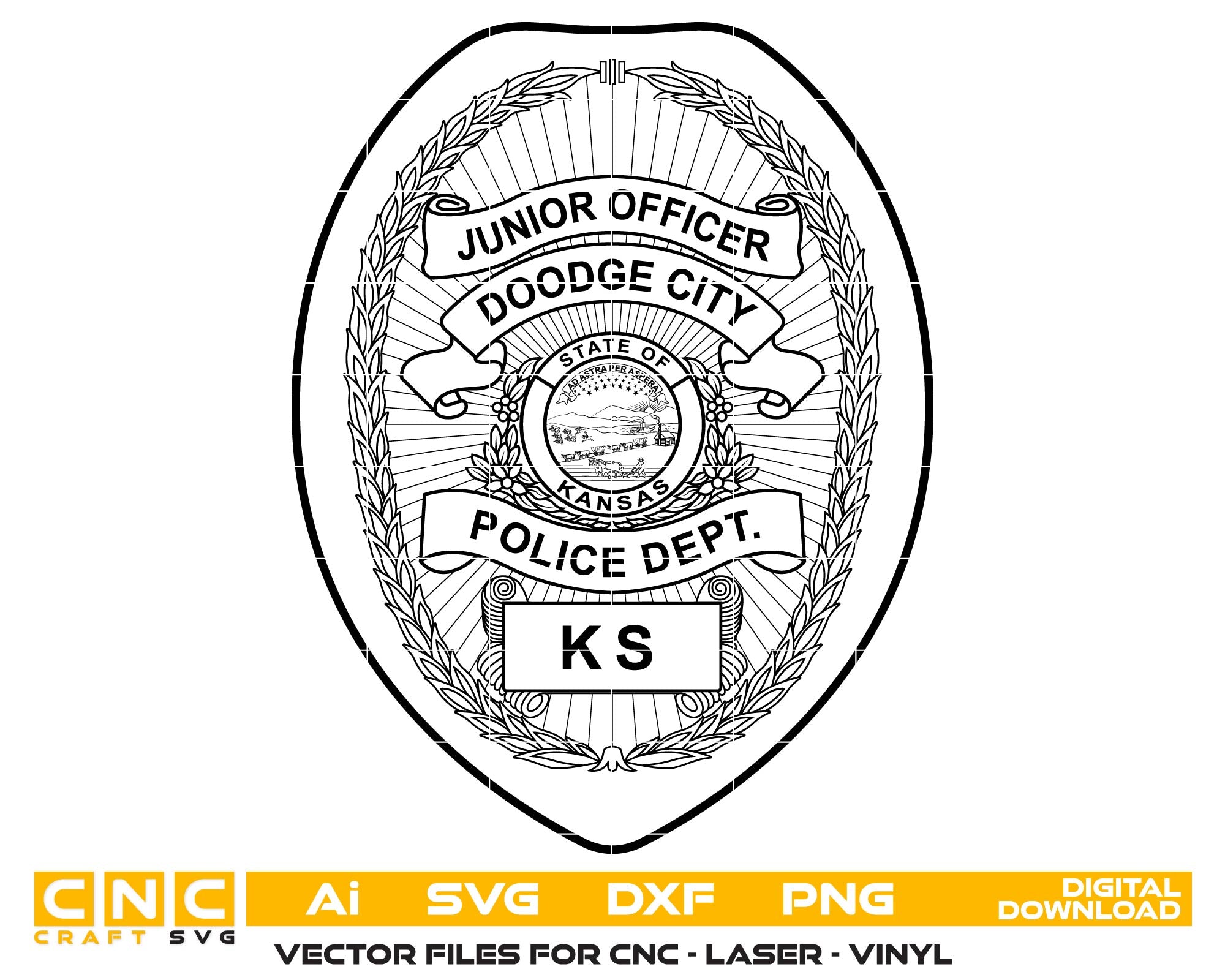 Black and white police badge design with 'Junior Officer Dodge City Police Dept.'.
police badge vector art
kansas police badge vector
