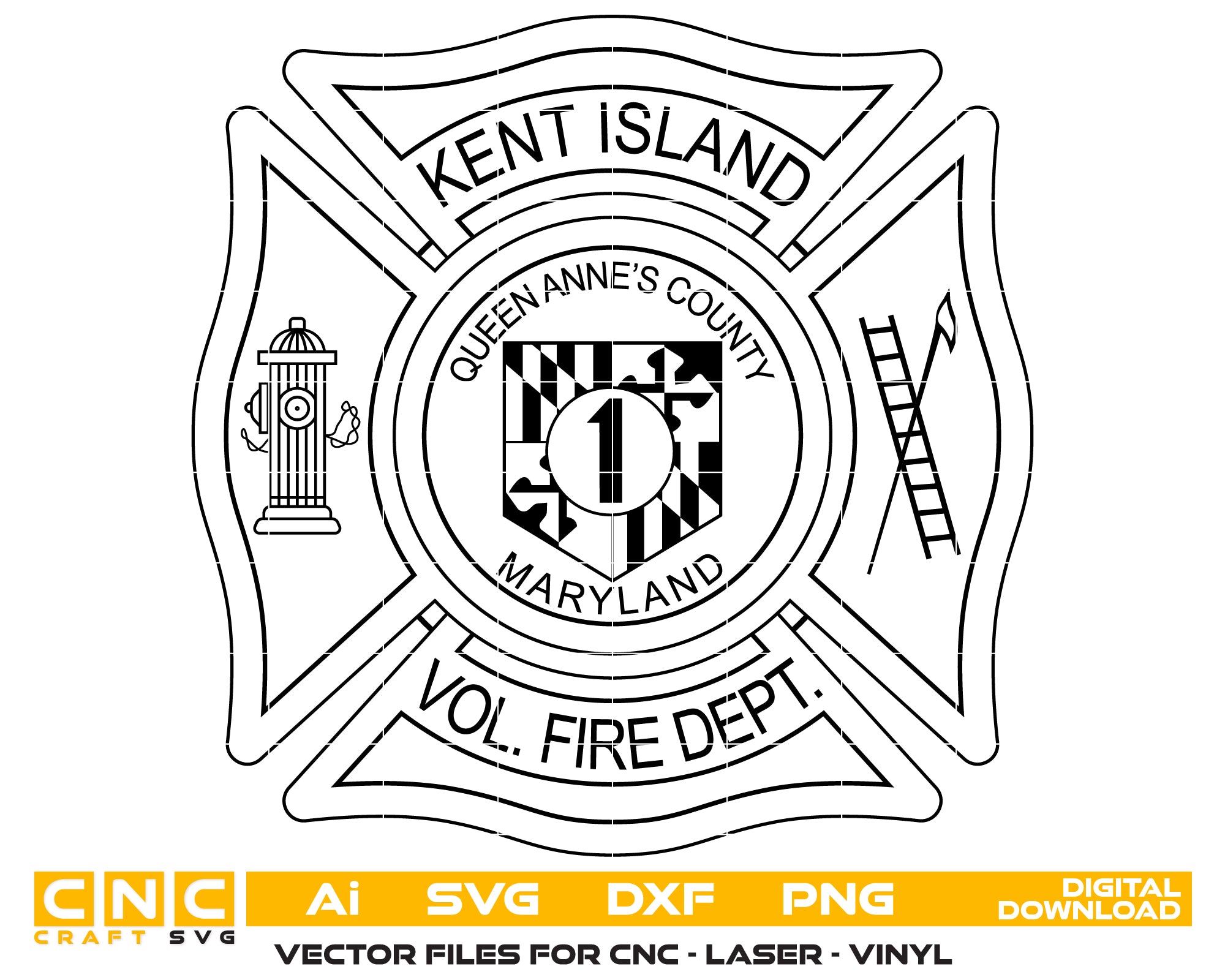Kent Island Volunteer Fire Department Badge SVG, Maryland Firefighter Emblem Vector, Kent Island VFD Badge Design, Fire Service Shield SVG, Firefighter Badge Vector File