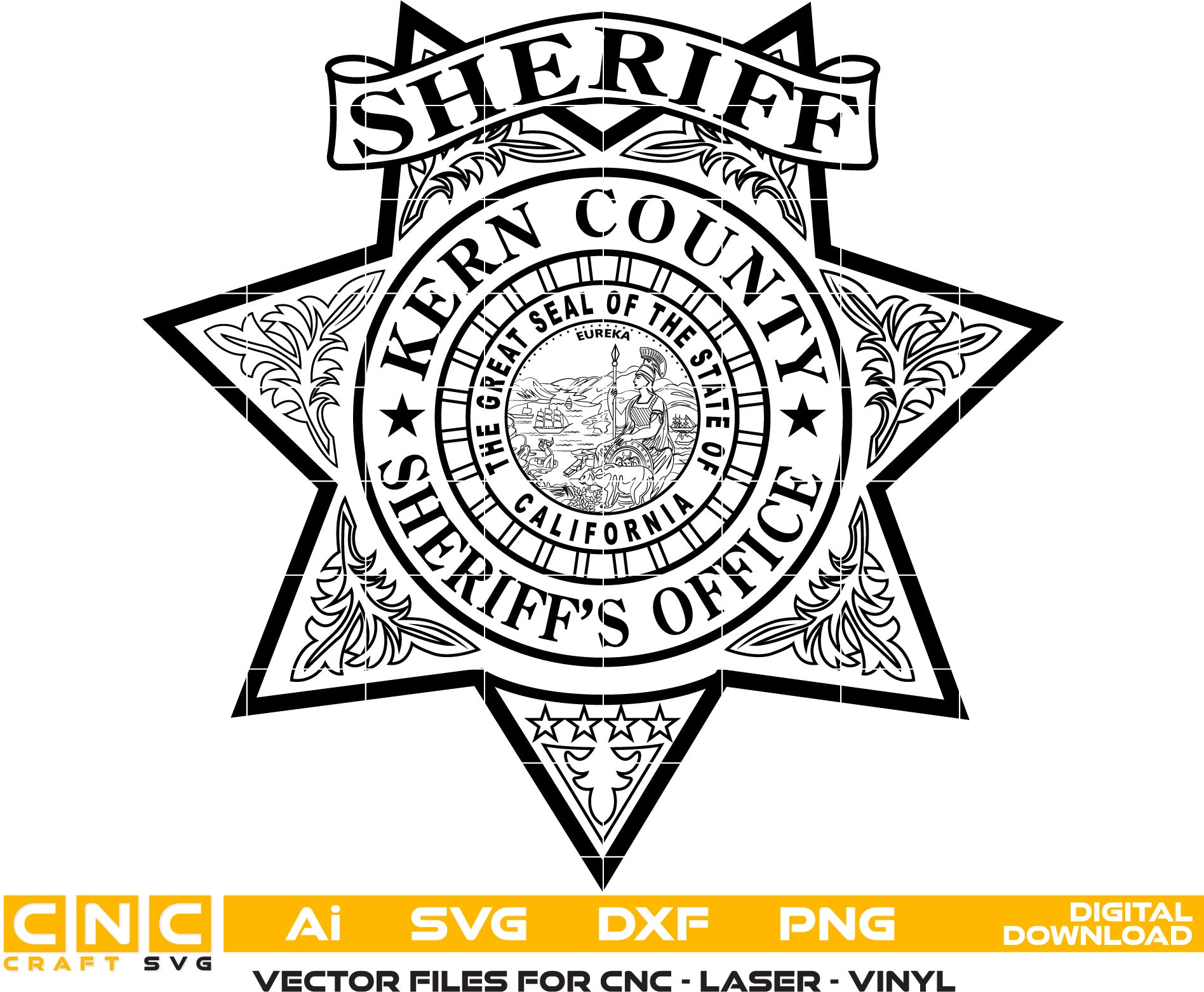 Kern County Sheriff, California Sheriff Badge Vector art Svg, Dxf, Jpg, Png and Ai files For laser engraving, woodworking, acrylic painting, and all printing machines.