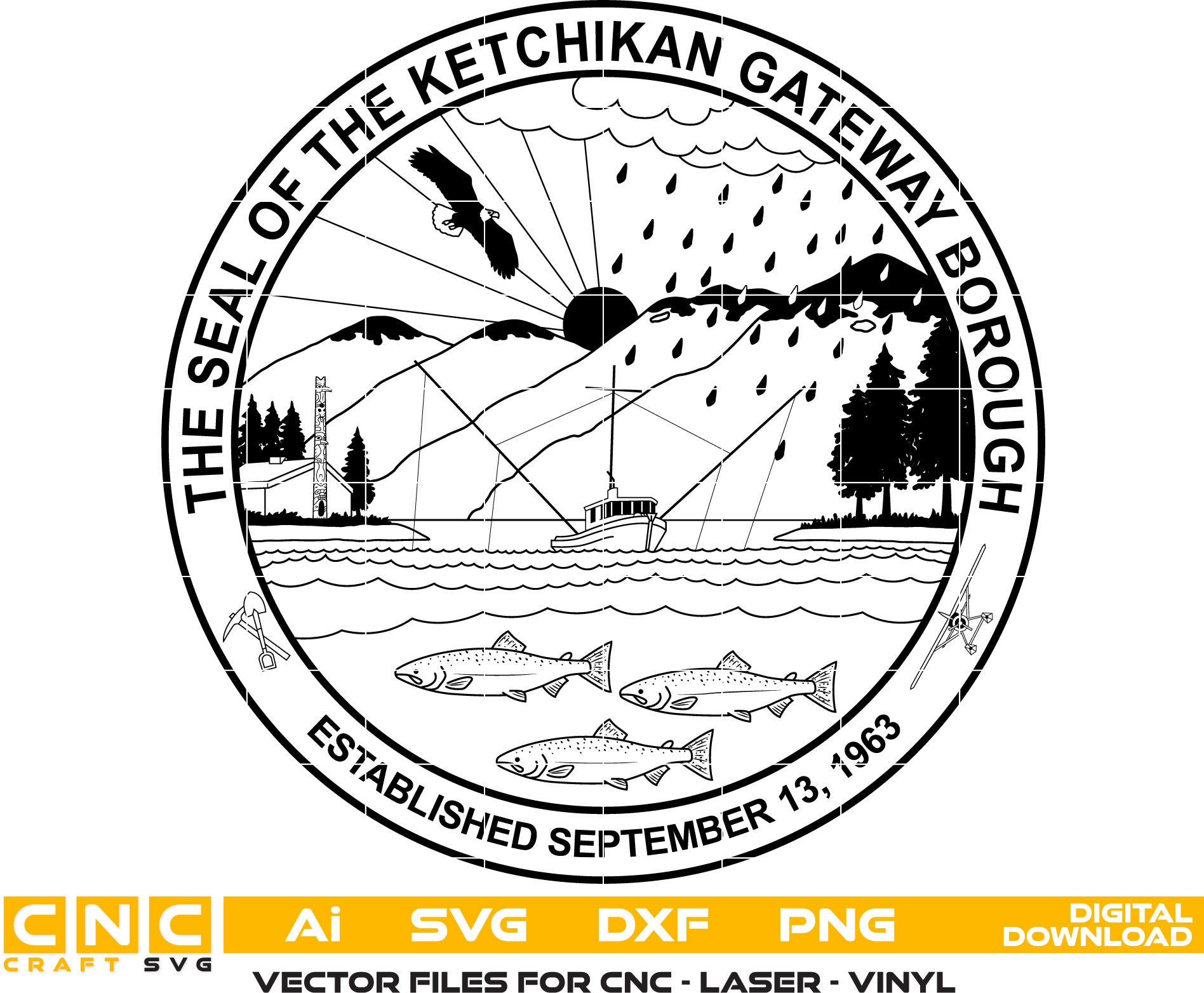 Ketchikan Gateway Borough Seal Vector art Svg, Dxf, Jpg, Png and Ai files For laser engraving, woodworking, acrylic painting, and all printing machines.