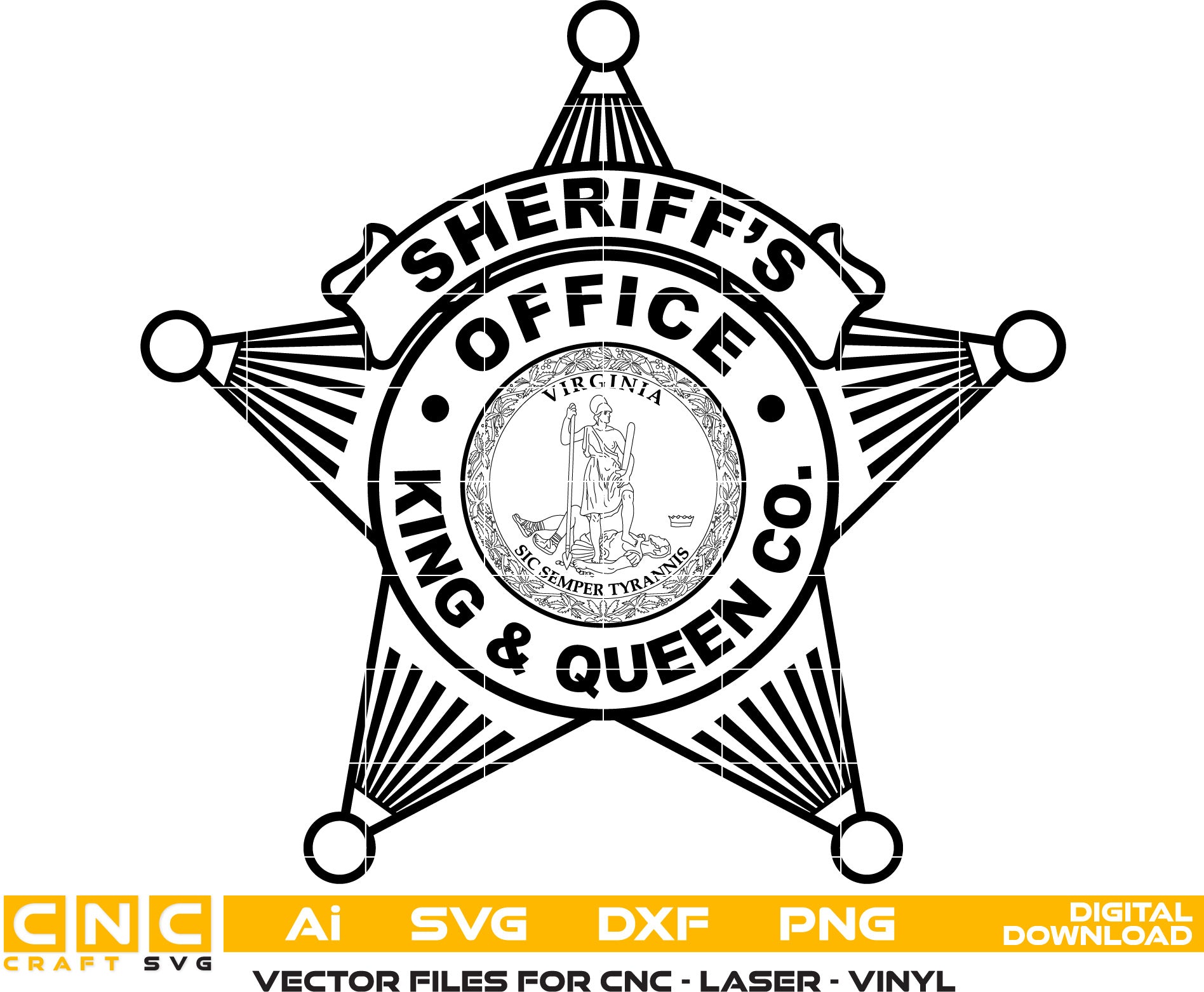 King & Queen Co. Virginia Sheriff Badge Vector art Svg, Dxf, Jpg, Png, and Ai files For laser engraving, woodworking, acrylic painting, and all printing machines.