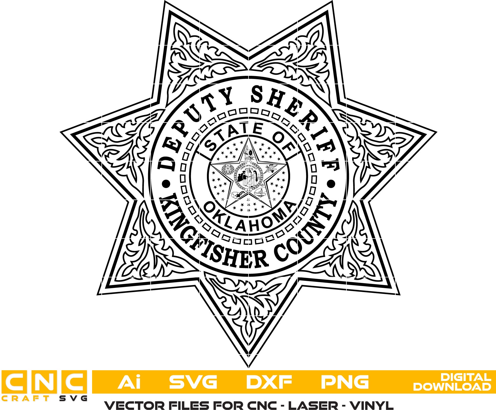 Kingfisher County Deputy Sheriff , Oklahoma Sheriff Badge Vector art Svg, Dxf, Jpg, Png and Ai files For laser engraving, woodworking, acrylic painting, and all printing machines.