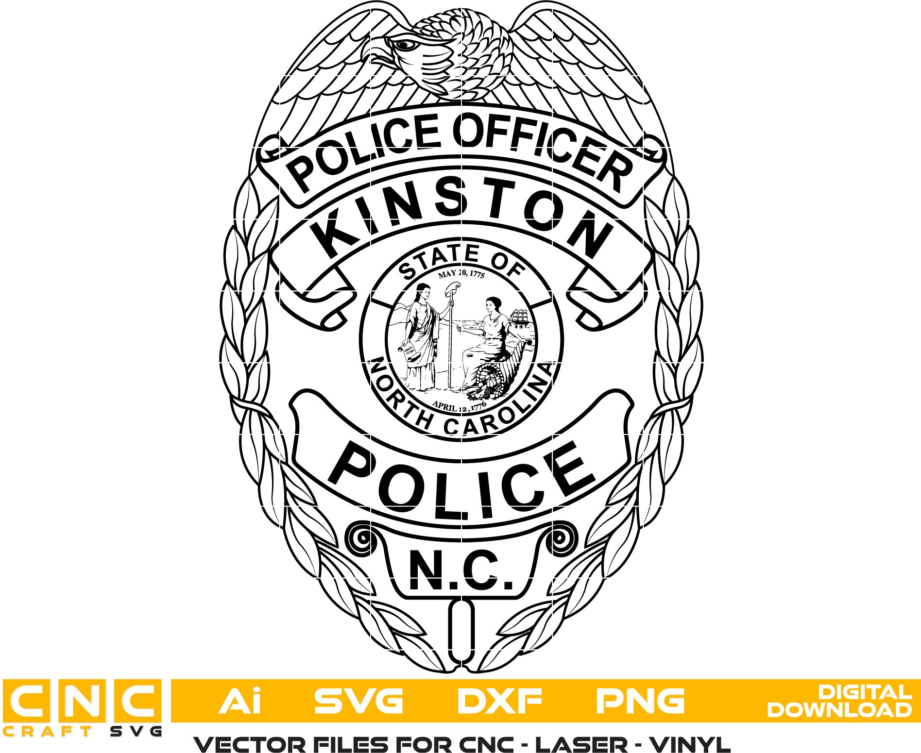 Kinston Police Officer, North Carolina Police Officer Badge Vector art Svg, Dxf, Jpg, Png and Ai files For laser engraving, woodworking, acrylic painting, and all printing machines.