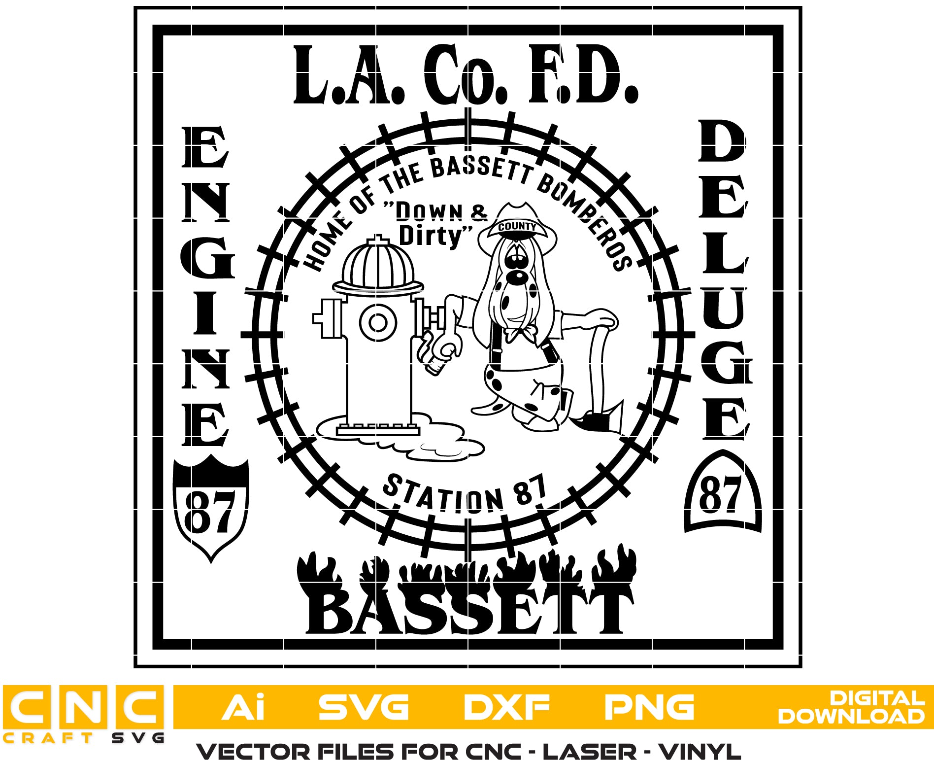 LA County Station 87 Bassett Bomberos Fire Department Badge/ Patch Vector art Svg/ Dxf/ Jpg/ Png/ and Ai files For laser engraving/ woodworking/ acrylic painting and all printing machines.