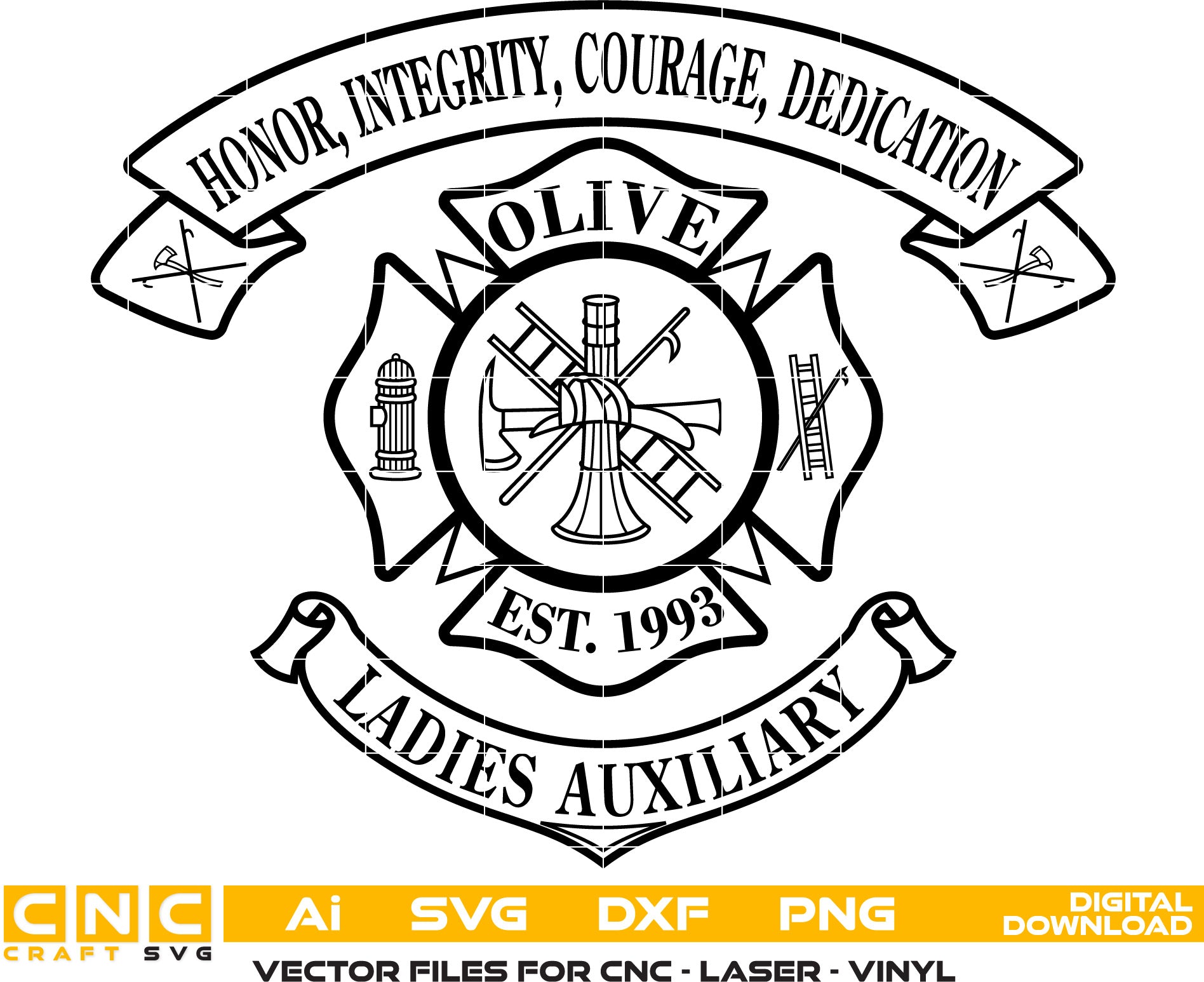 Ladies Auxiliary Fire Badge Vector art Svg, Dxf, Jpg, Png, and Ai files For laser engraving, woodworking, acrylic painting, and all printing machines.