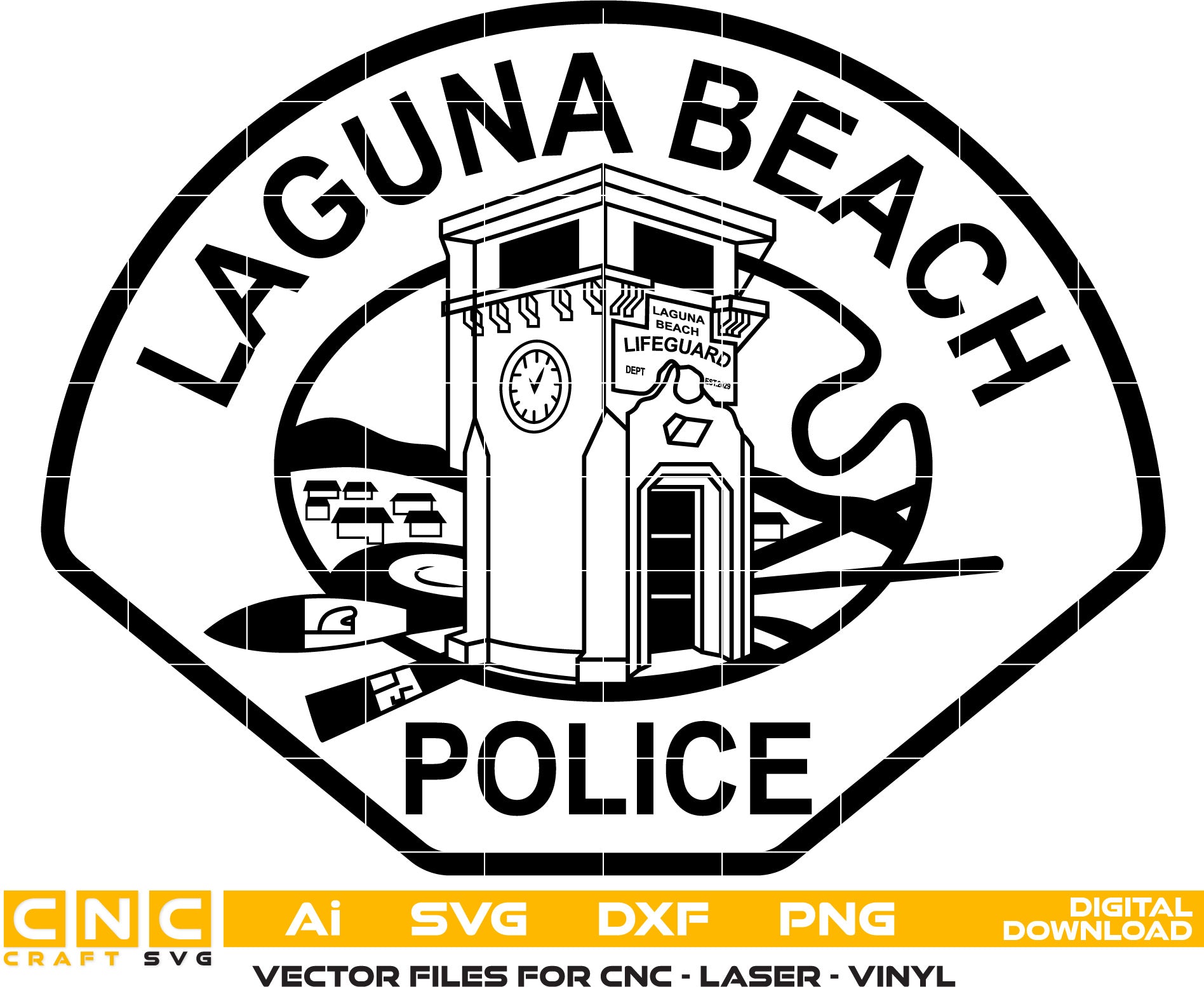 Laguna Beach Police Badge Vector art Svg, Dxf, Jpg, Png, and Ai files For laser engraving, woodworking, acrylic painting, and all printing machines.