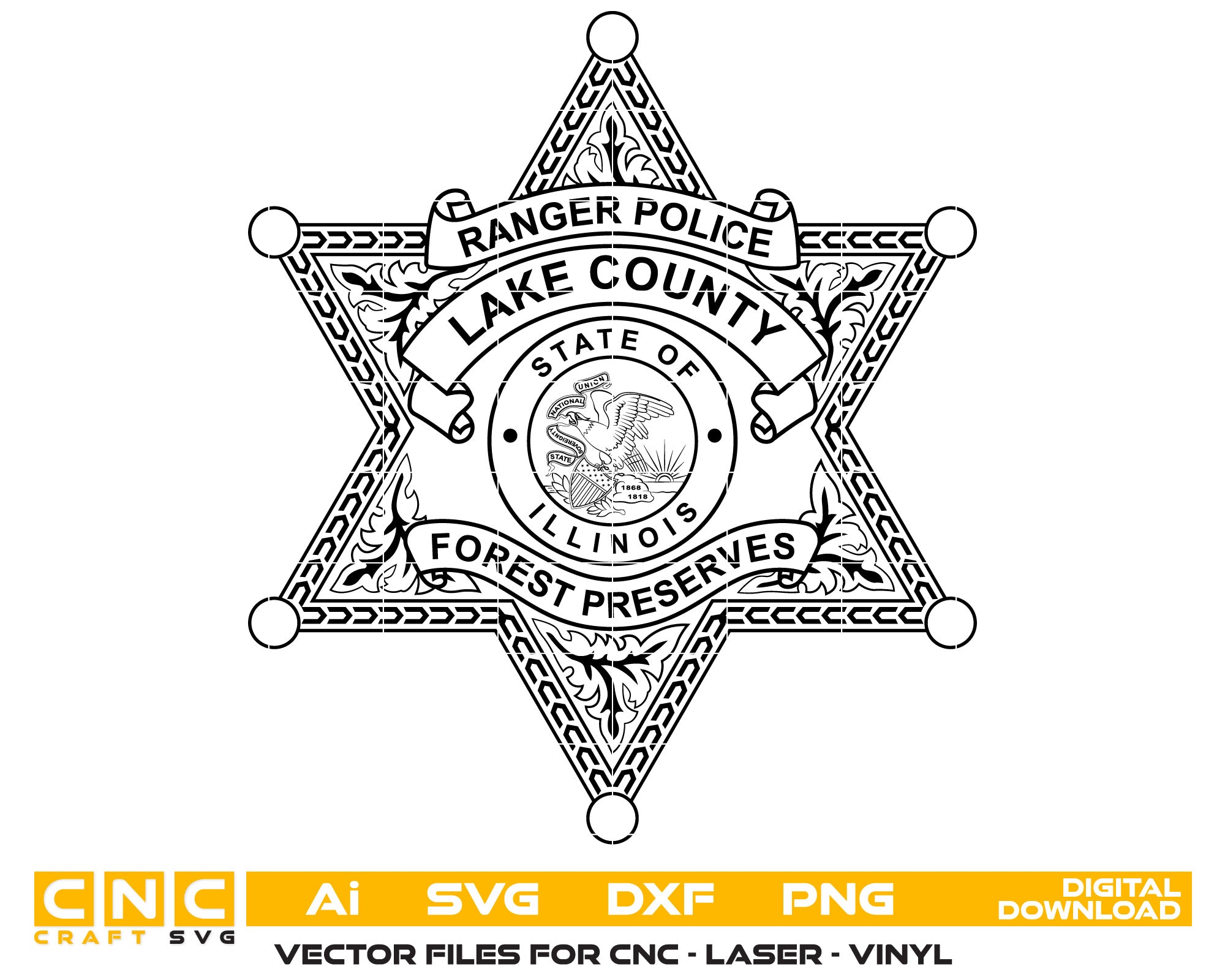 Lake County Forest Preserves Police Badge SVG

Illinois Ranger Police Vector Design

Lake County Forest Preserves Star Badge

Law Enforcement Ranger Emblem for Engraving

Illinois State Seal Police Logo CNC File