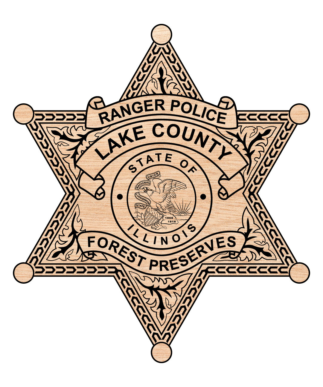 Lake County Forest Preserves Police Badge SVG

Illinois Ranger Police Vector Design

Lake County Forest Preserves Star Badge

Law Enforcement Ranger Emblem for Engraving

Illinois State Seal Police Logo CNC File