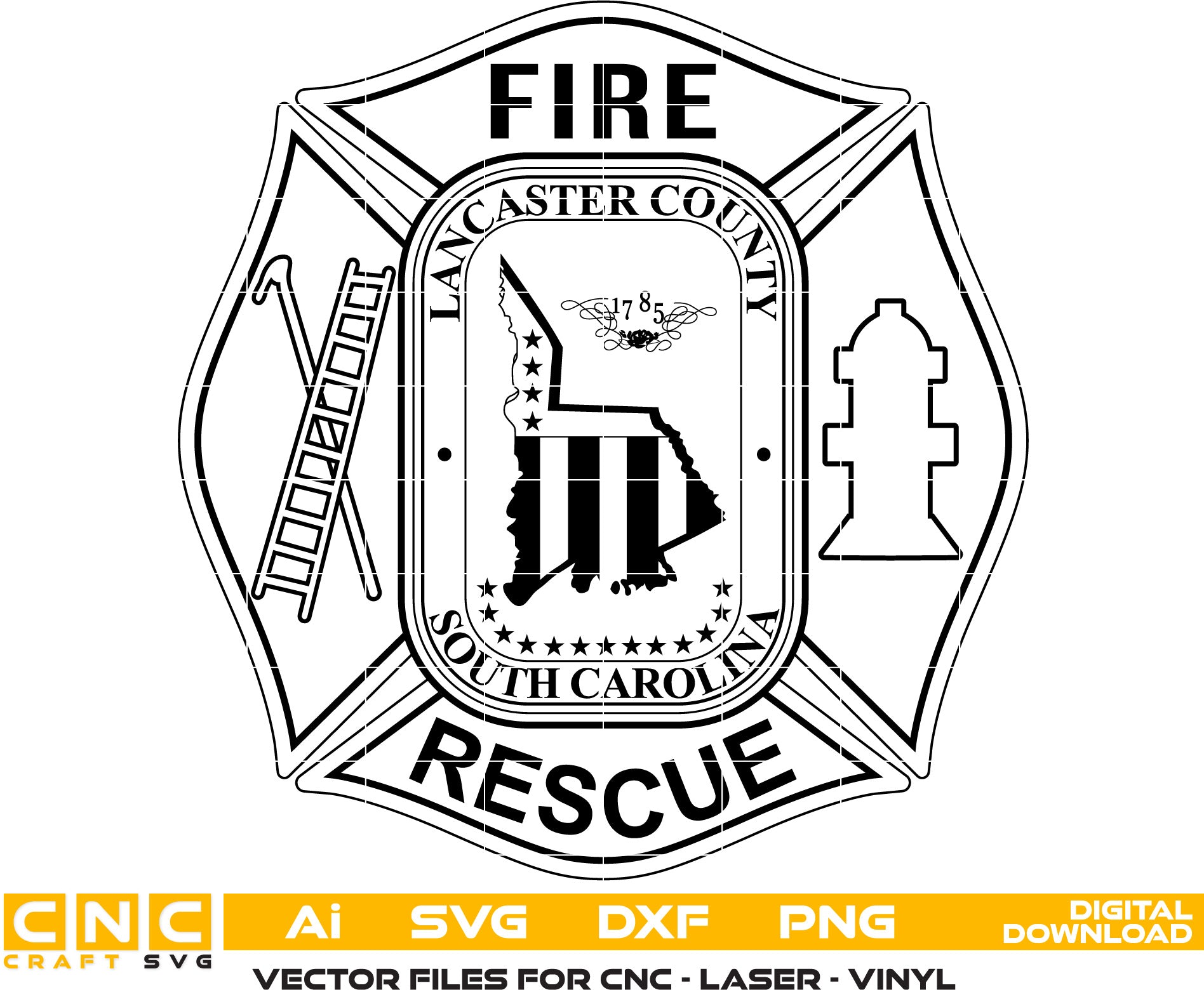 Lancaster County Fire Rescue, South Carolina Fire Rescue Badge Vector art Svg, Dxf, Jpg, Png, and Ai files For laser engraving, woodworking, acrylic painting, and all printing machines.