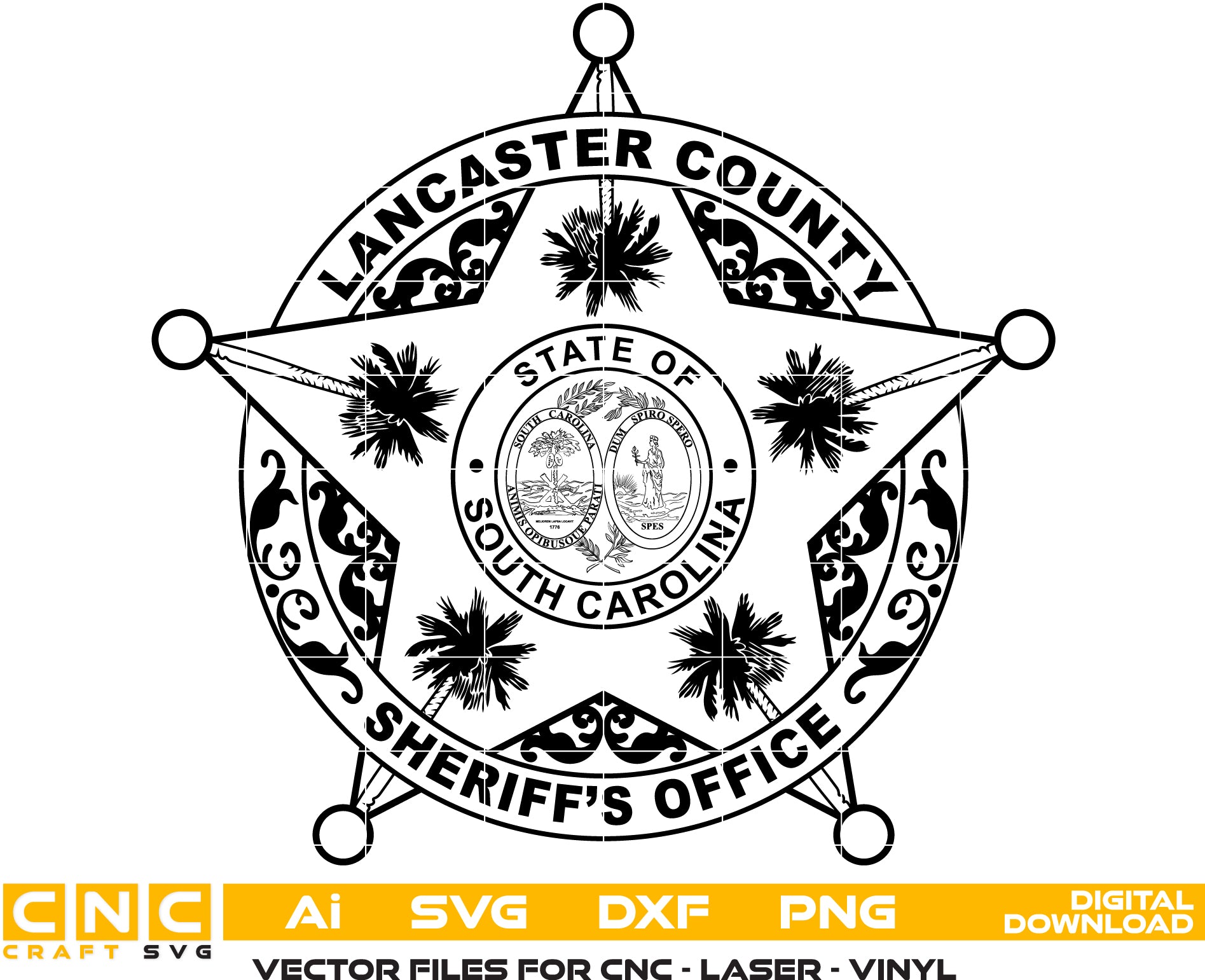 Lancaster County Sheriff’s Office Badge SVG digital download, South Carolina sheriff emblem vector design for Cricut, Silhouette, CNC, engraving, and law enforcement crafts.