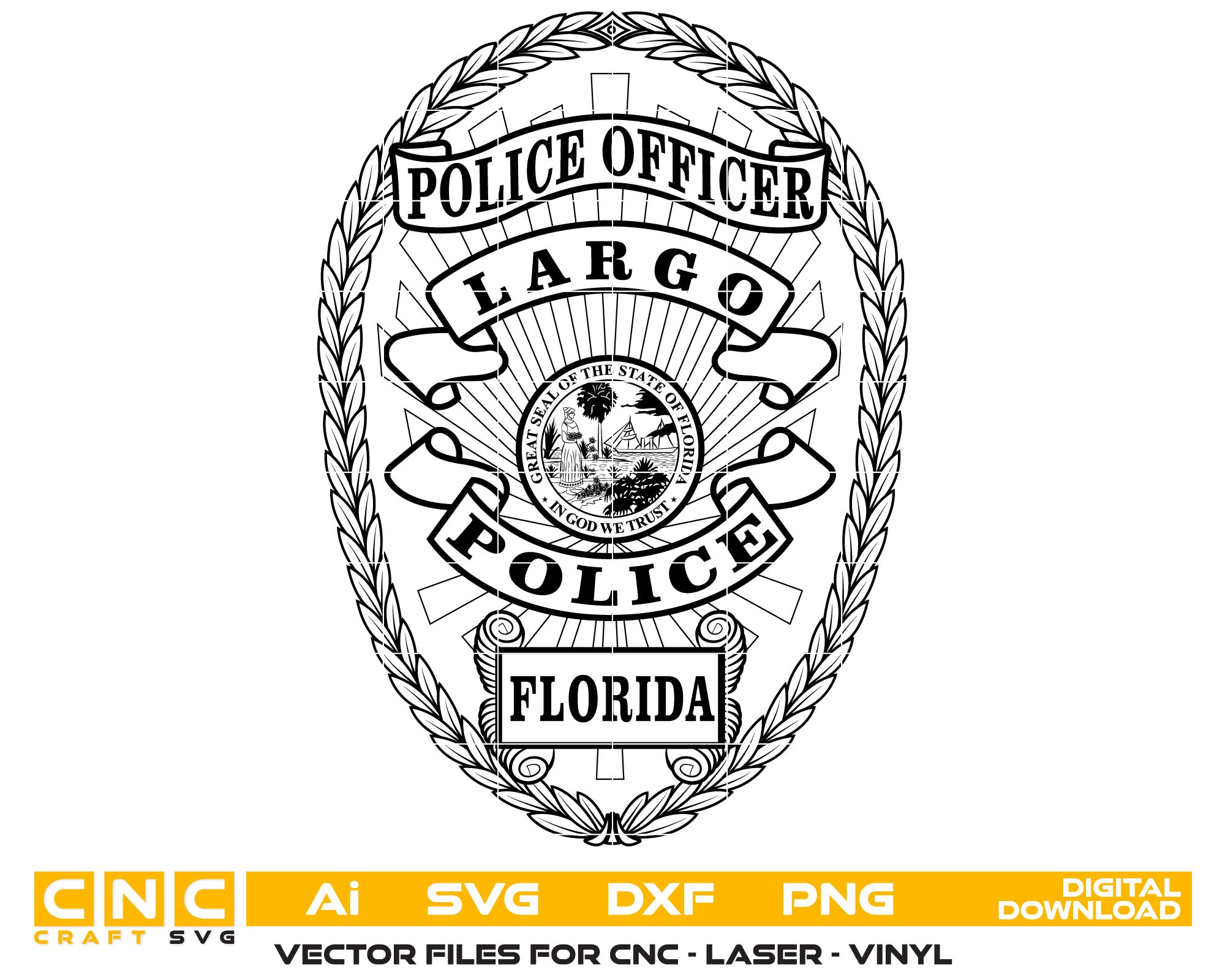 Largo FL Police Officer Badge SVG, Largo Florida Police Badge Vector, Police Officer Badge SVG, Law Enforcement Badge Emblem, Police Shield Vector, Badge Engraving File