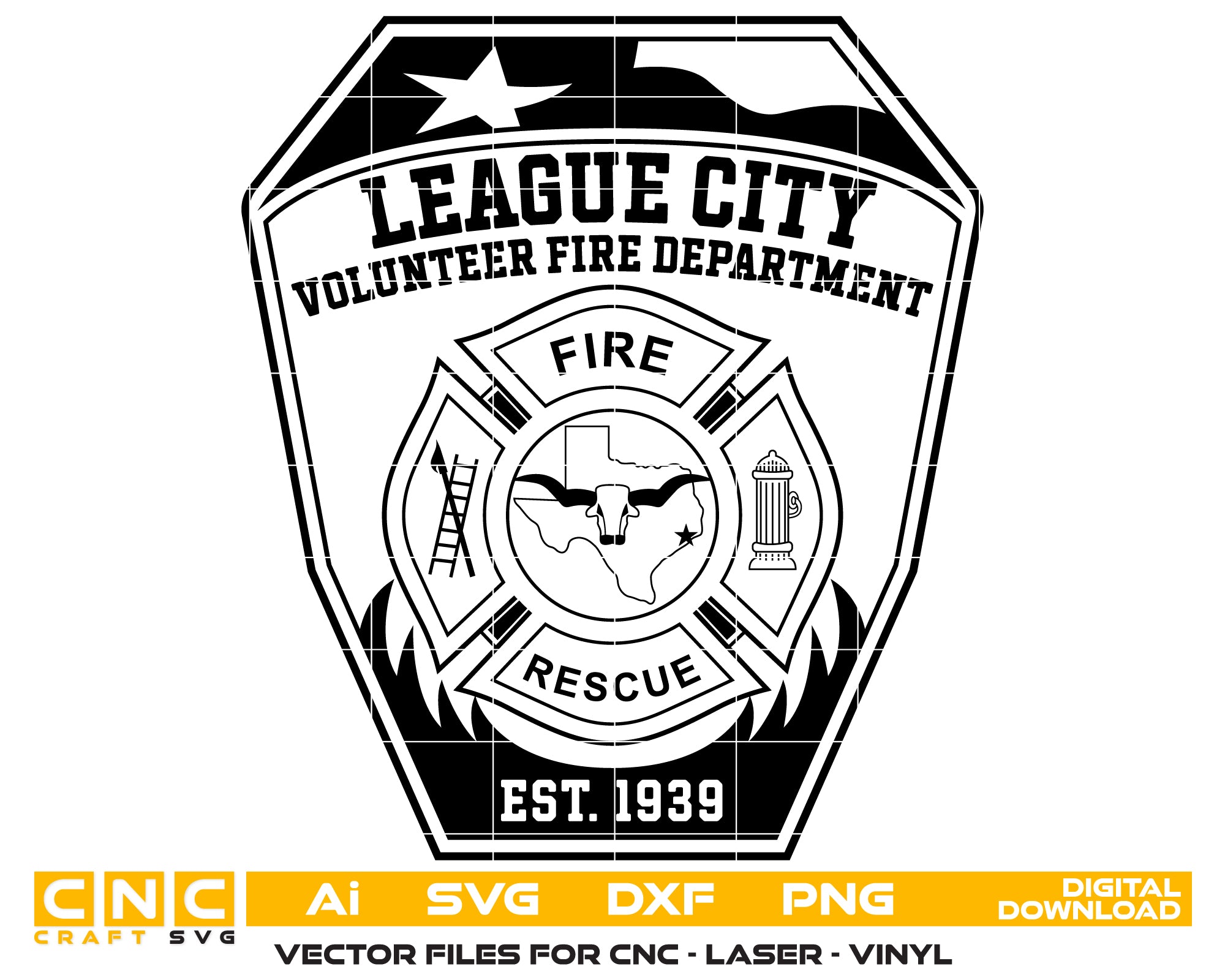 League City Volunteer Fire Department Badge SVG, Fire Department Badge Vector, League City Fire Badge, Firefighter Badge SVG, Fire Company Badge Vector