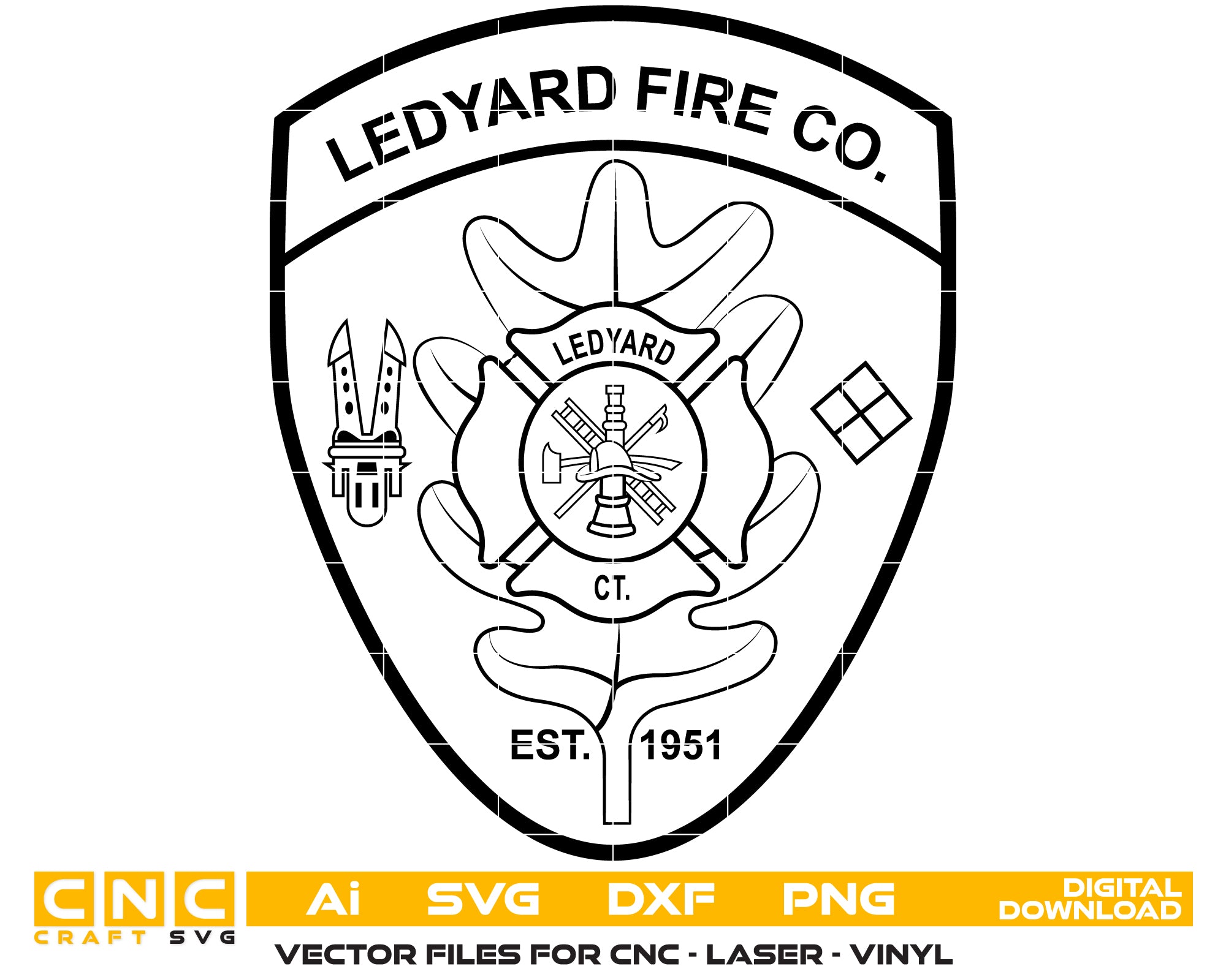 Ledyard Fire Company Patch SVG digital download, Connecticut fire department emblem vector design for Cricut, Silhouette, CNC, engraving, and firefighter crafts.