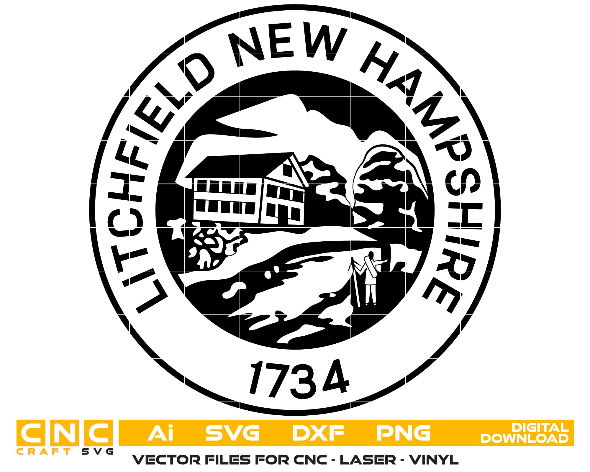 Litchfield New Hampshire Seal SVG digital download, official city emblem vector design for Cricut, Silhouette, CNC, engraving, and civic crafts.