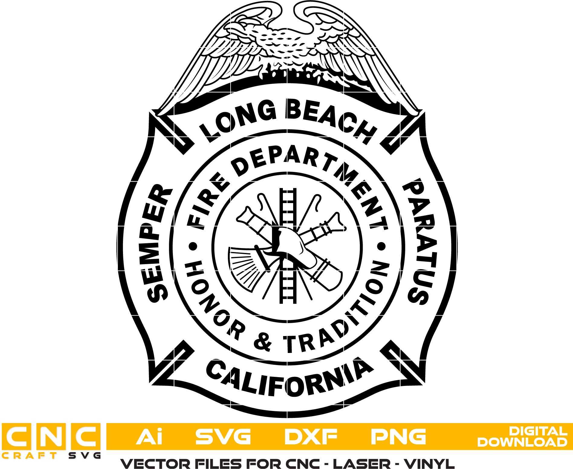 Long Beach Fire Dept. Badge, California Fire Dept. Badge Vector art Svg, Dxf, Jpg, Png and Ai files For laser engraving, woodworking, acrylic painting, and all printing machines.