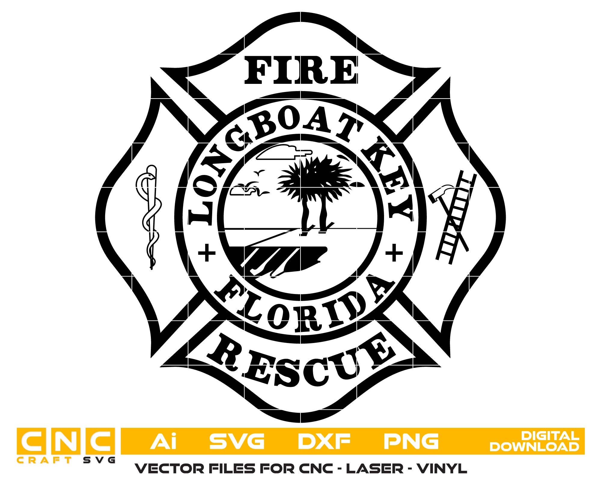 Longboat Key Florida Fire Rescue Badge Vector Art, Ai,SVG, DXF, PNG, Digital Files
