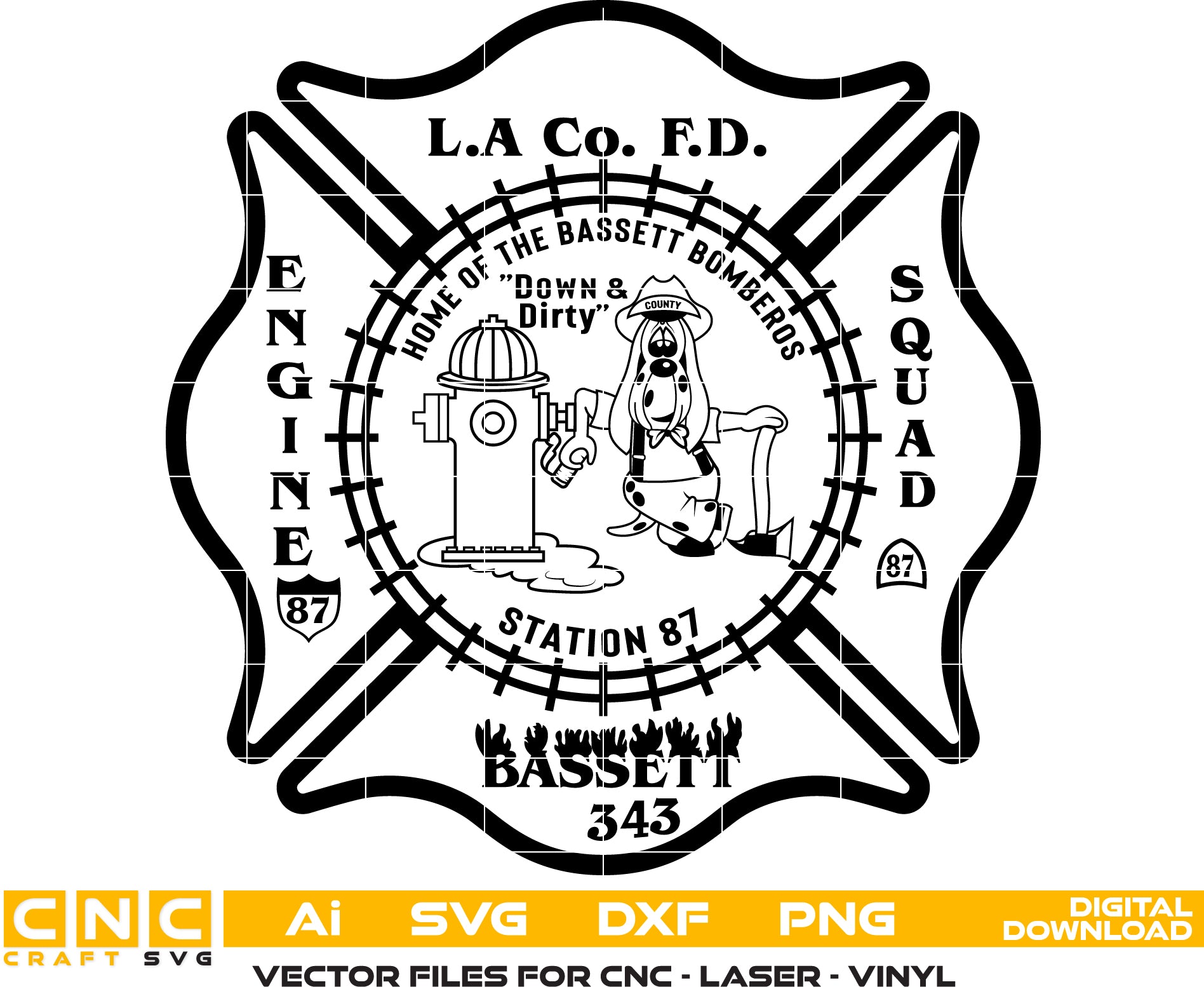 Los Angeles County Home Of The Bassett Bomberos Fire Department logo Vector art Digital file