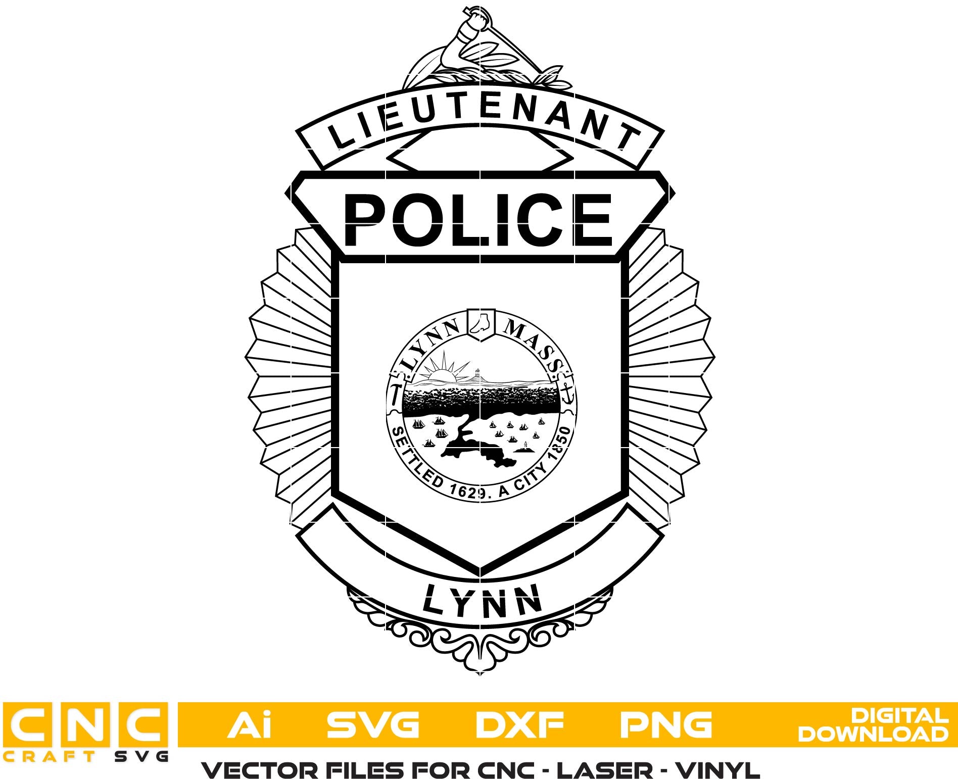 Lynn Police Lieutenant Badge SVG, Lynn MA Police Badge Vector, Police Lieutenant Shield SVG, Law Enforcement Badge Design, Lynn Police Emblem Vector