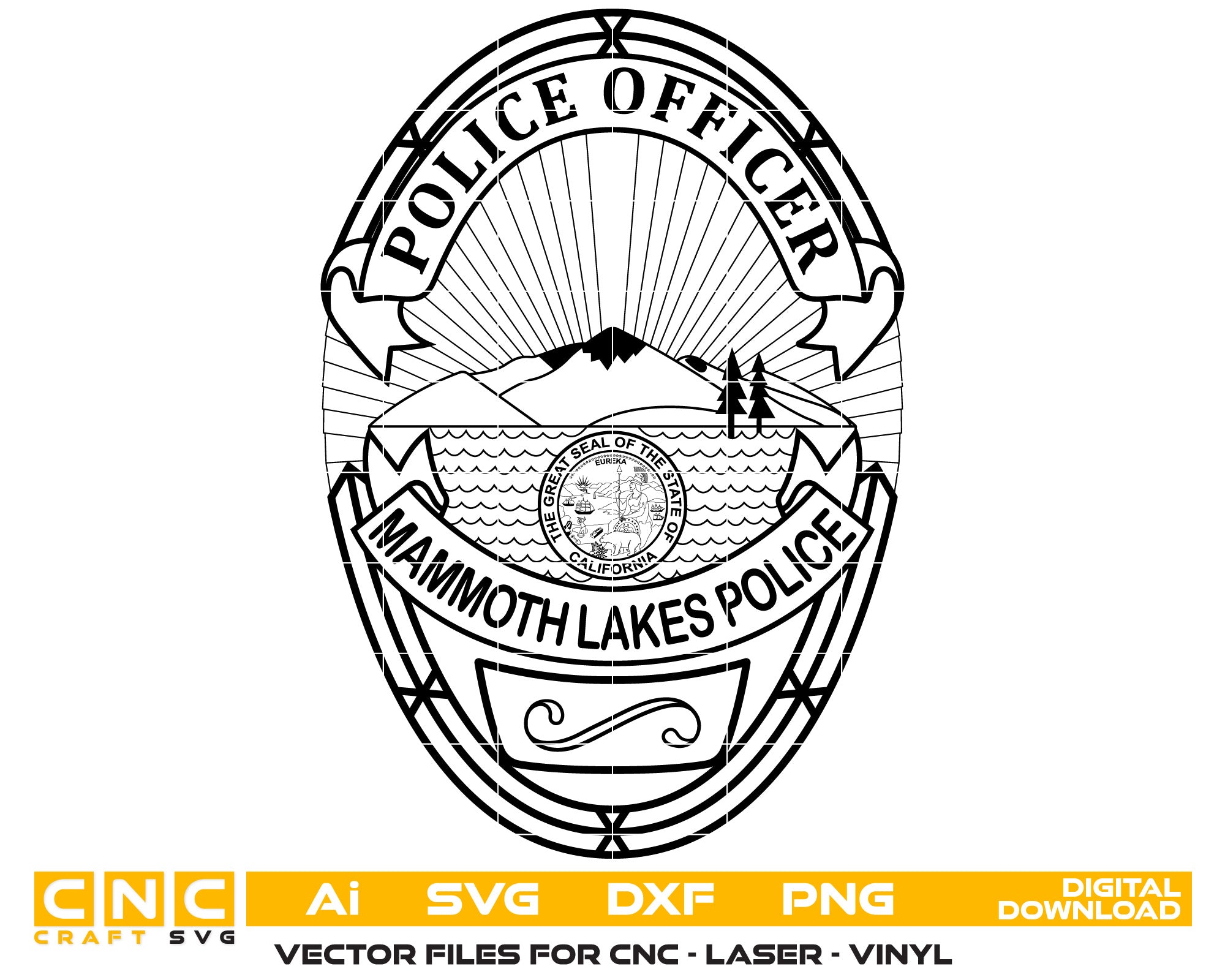 Mammoth Lakes Police Badge Vector art Svg, Dxf, Jpg, Png, and Ai files For laser engraving, woodworking, acrylic painting, and all printing machines.