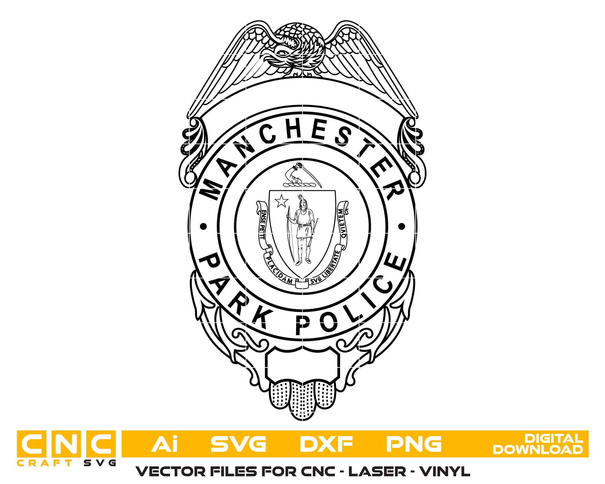 Manchester Park Police Badge SVG digital download, Massachusetts police emblem vector design for Cricut, Silhouette, CNC, engraving, and law enforcement crafts.