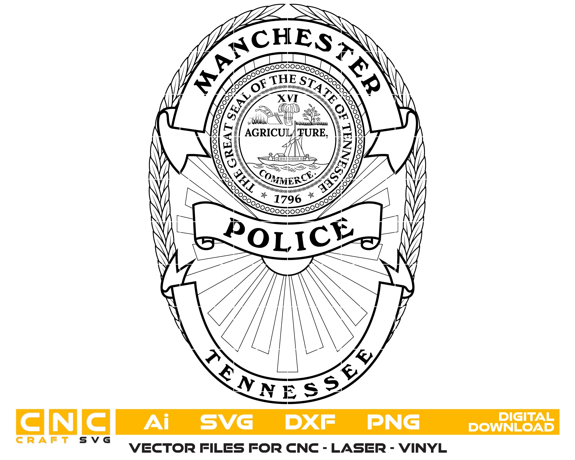Manchester Police Department Badge SVG digital download, Tennessee police emblem vector design for Cricut, Silhouette, CNC, engraving, and law enforcement crafts.