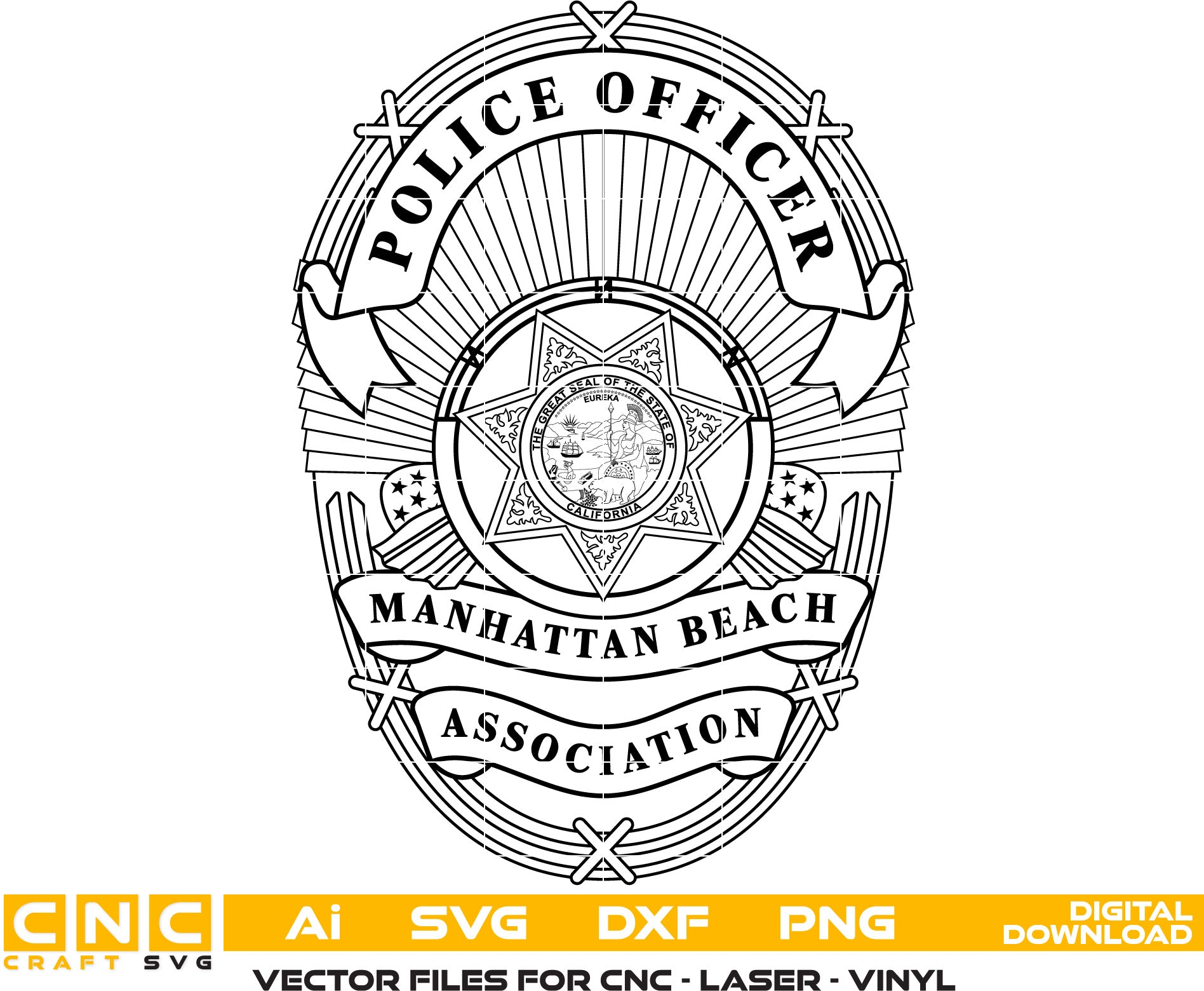 Manhattan Beach Police Officer Badge Vector art Svg, Dxf, Jpg, Png, and Ai files For laser engraving, woodworking, acrylic painting, and all printing machines.