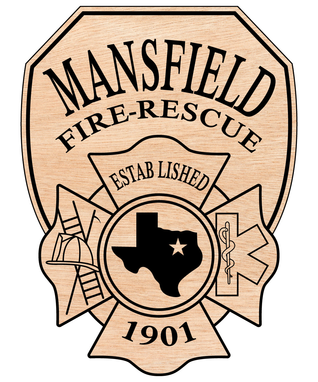 Mansfield Fire Department Patch SVG digital download, Texas fire department emblem vector design for Cricut, Silhouette, CNC, engraving, and firefighter crafts.