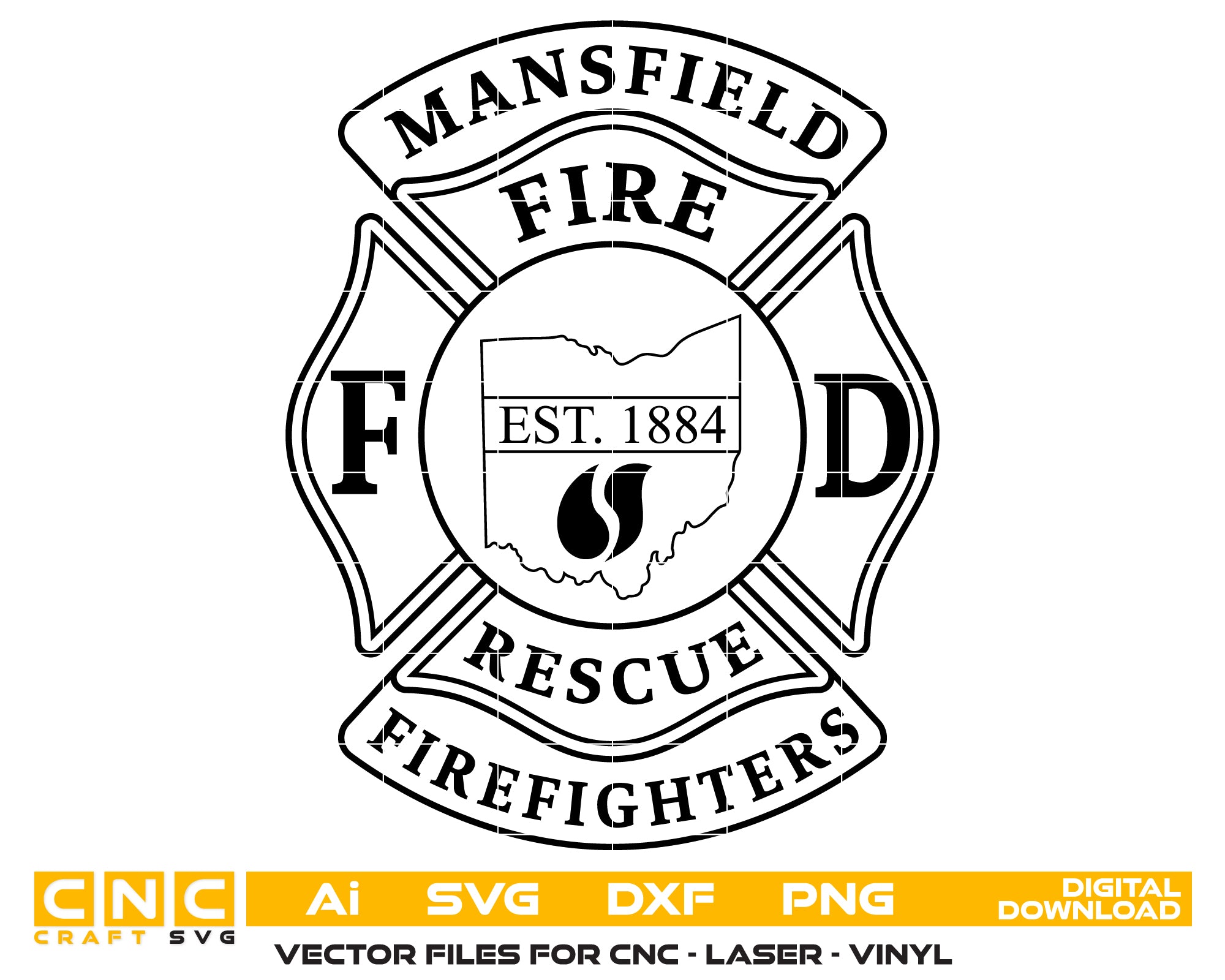 Mansfield Firefighters Fire Department Badge SVG, Firefighter Badge Vector, Mansfield Fire Department Badge Design, Firefighter Emblem SVG, Fire Department Badge Vector File