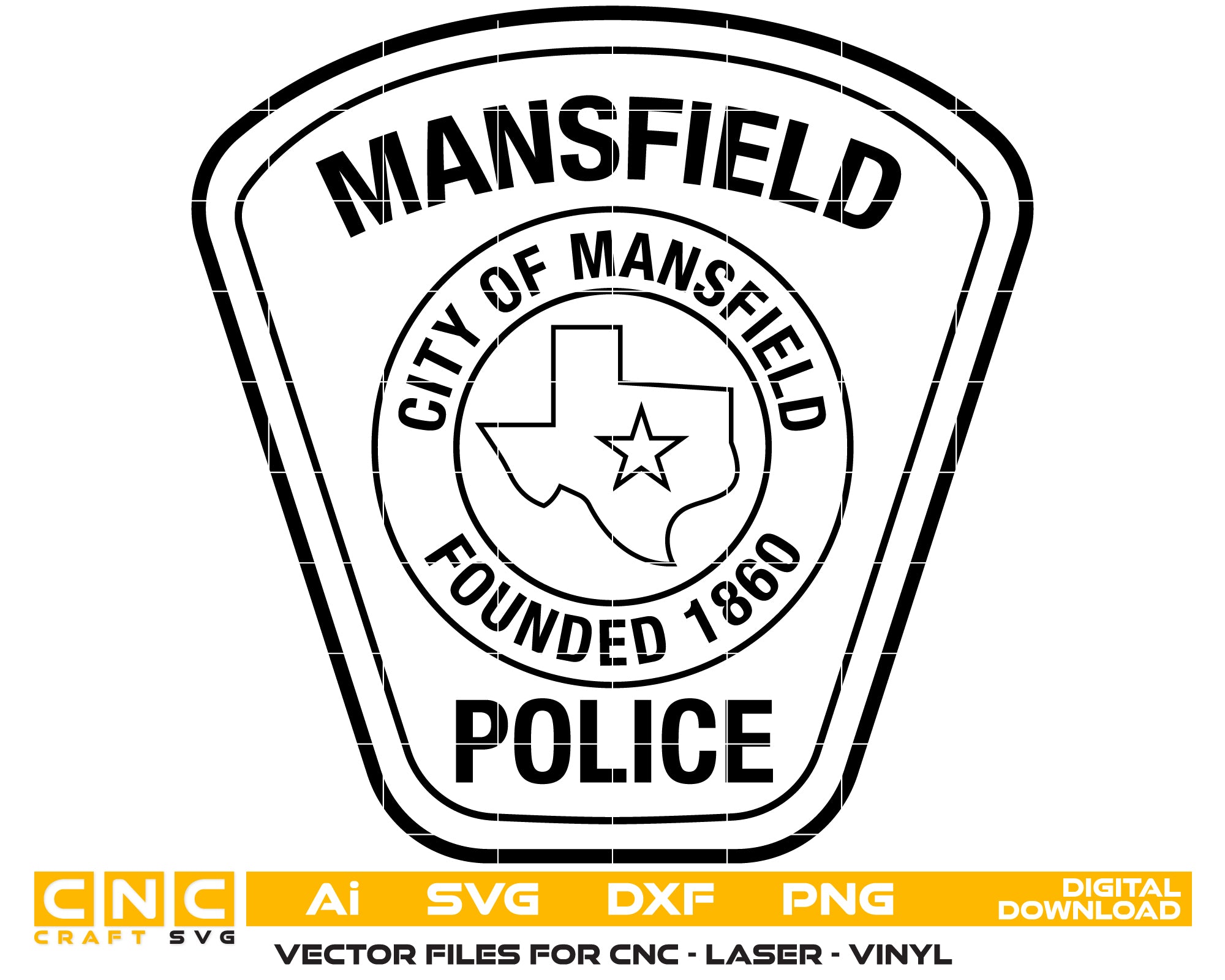Mansfield Police Department Patch SVG digital download, Texas police emblem vector design for Cricut, Silhouette, CNC, engraving, and law enforcement crafts.