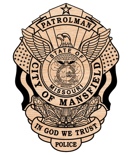 Mansfield Police Patrolman Badge SVG digital download, Missouri police patrolman emblem vector design for Cricut, Silhouette, CNC, engraving, and law enforcement crafts.