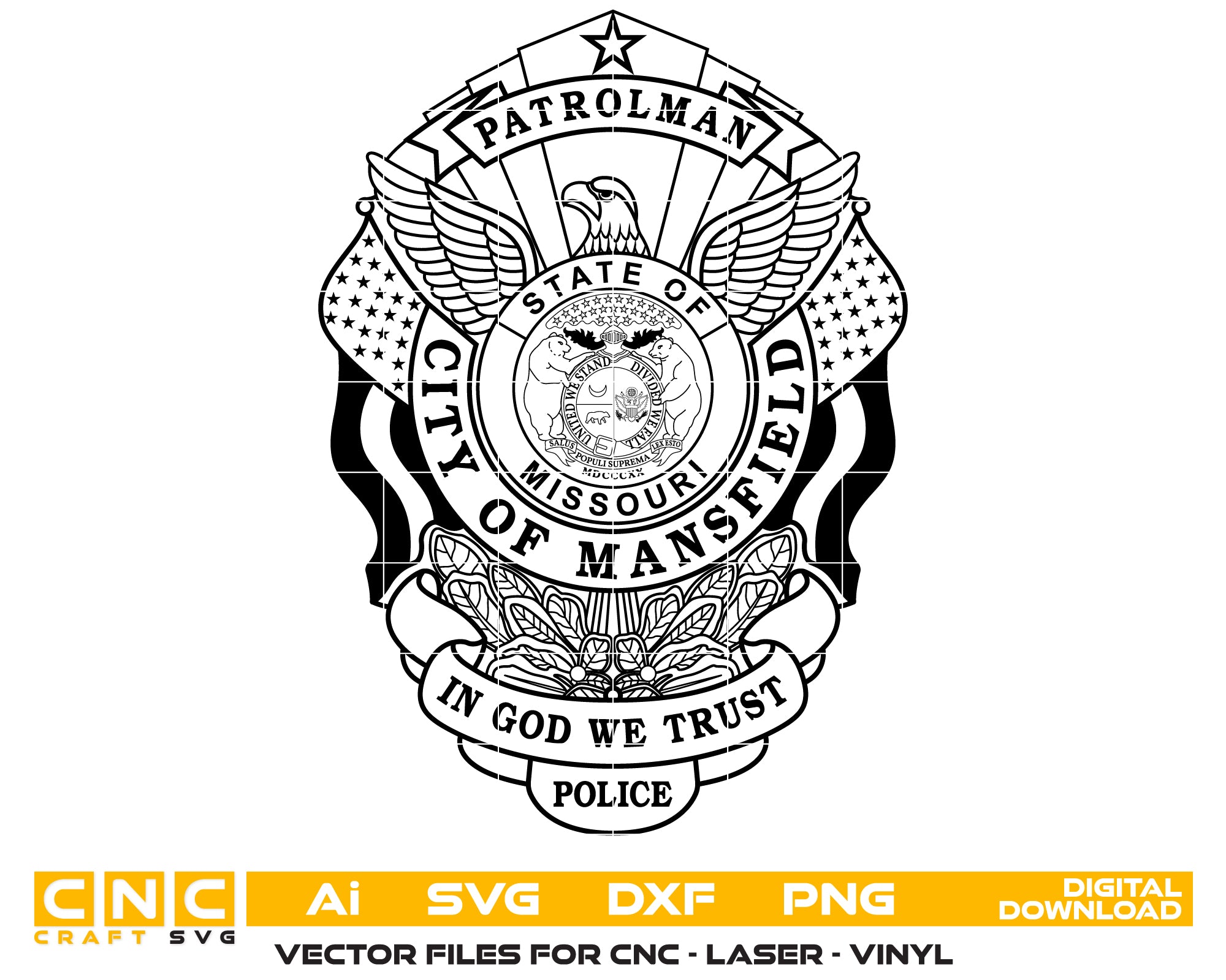 Mansfield Police Patrolman Badge SVG digital download, Missouri police patrolman emblem vector design for Cricut, Silhouette, CNC, engraving, and law enforcement crafts.
