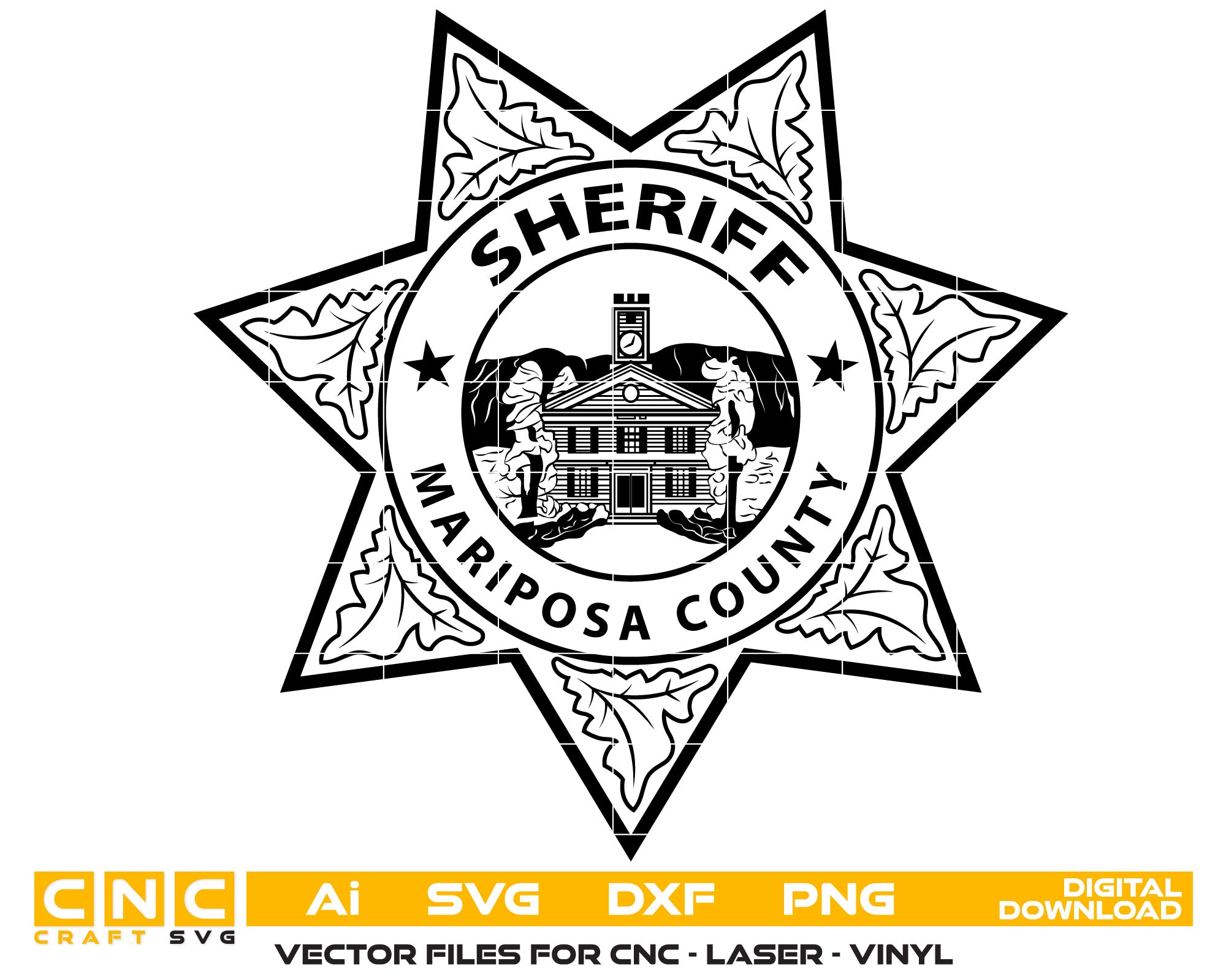 Mariposa County Sheriff Badge Vector art Svg/ Dxf/ Jpg/ Png/ and Ai files For laser engraving/ woodworking/ acrylic painting and all printing machines.