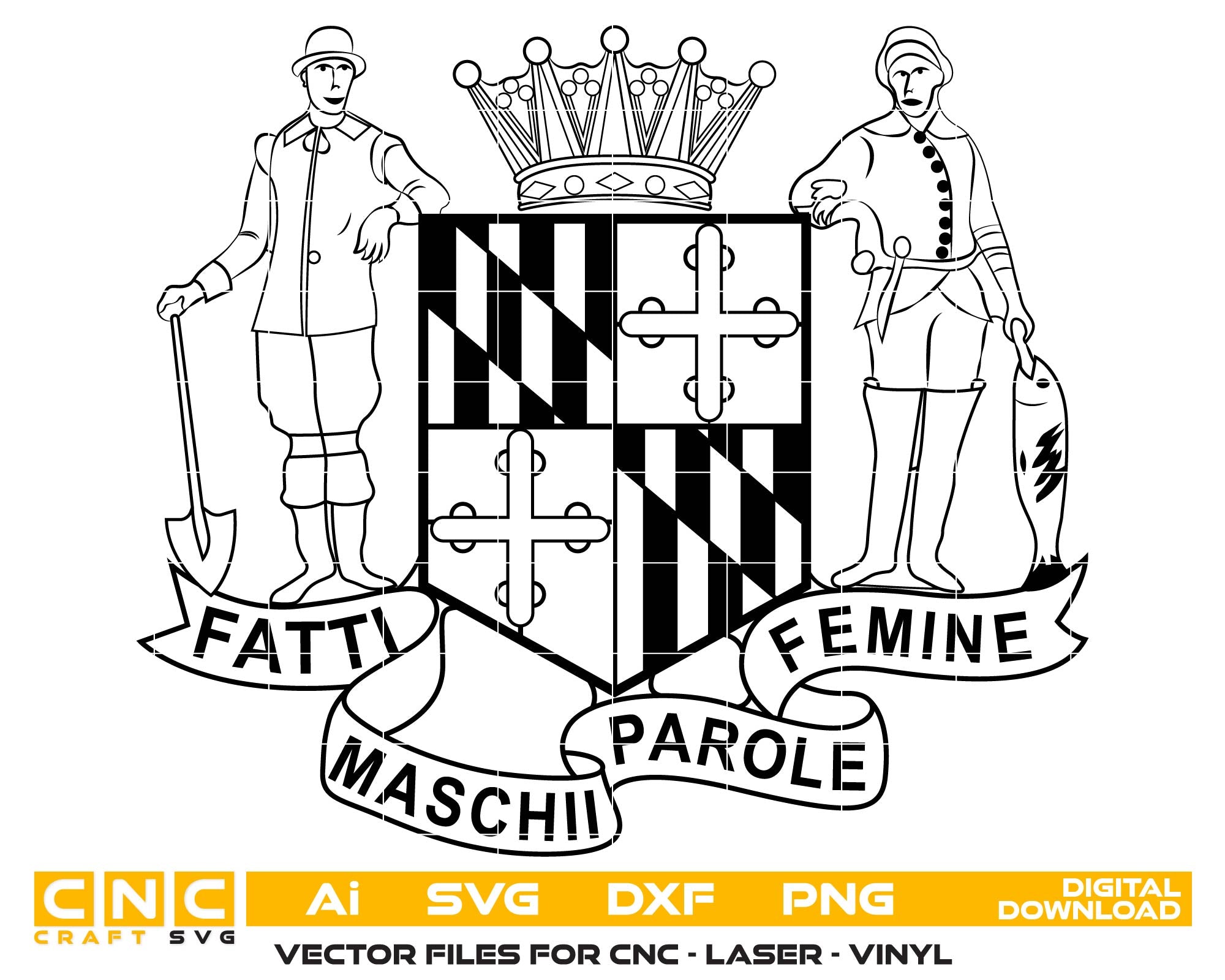 Maryland National Guard Crest SVG

Maryland State Coat of Arms Vector

Fatti Maschii Parole Femine Motto Design

MD Army Guard Emblem for Engraving

Military Unit Crest CNC File