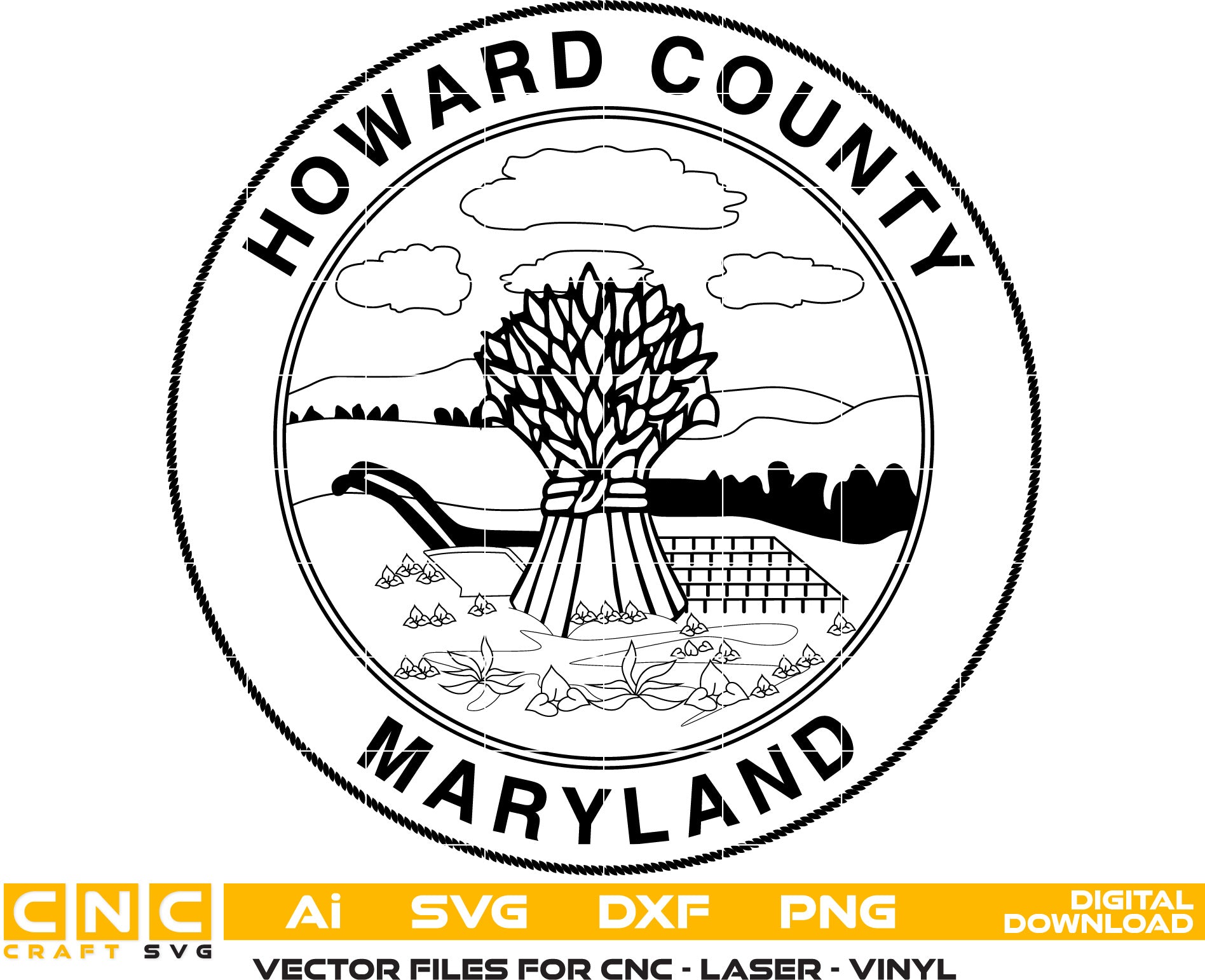 Maryland Howard County Seal Vector art Svg, Dxf, Jpg, Png and Ai files For laser engraving, woodworking, acrylic painting, and all printing machines.