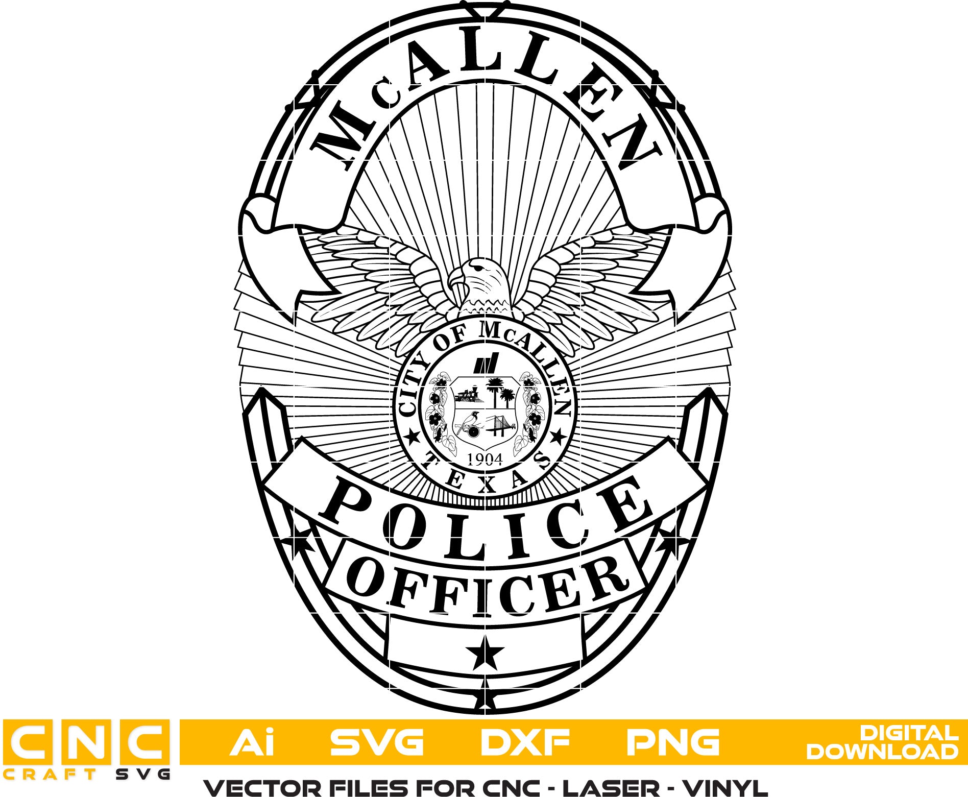 McAllen Police Badge, Texas Police Badge Vector art Svg, Dxf, Jpg, Png, and Ai files For laser engraving, woodworking, acrylic painting, and all printing machines.