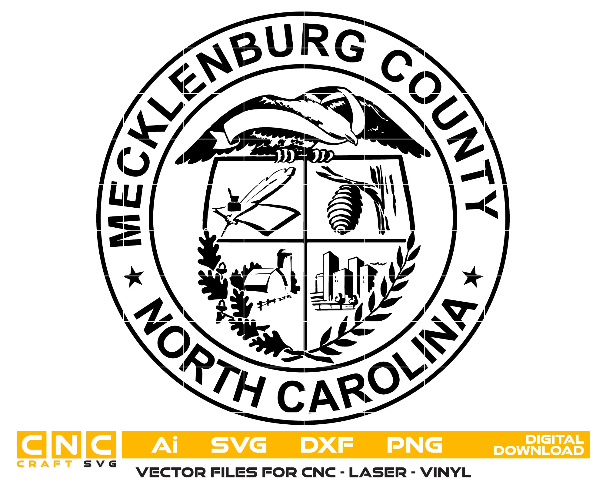 Mecklenburg County Seal SVG for CNC Fabrication

North Carolina County Seal Vector Design

Mecklenburg County NC Emblem for Laser Production