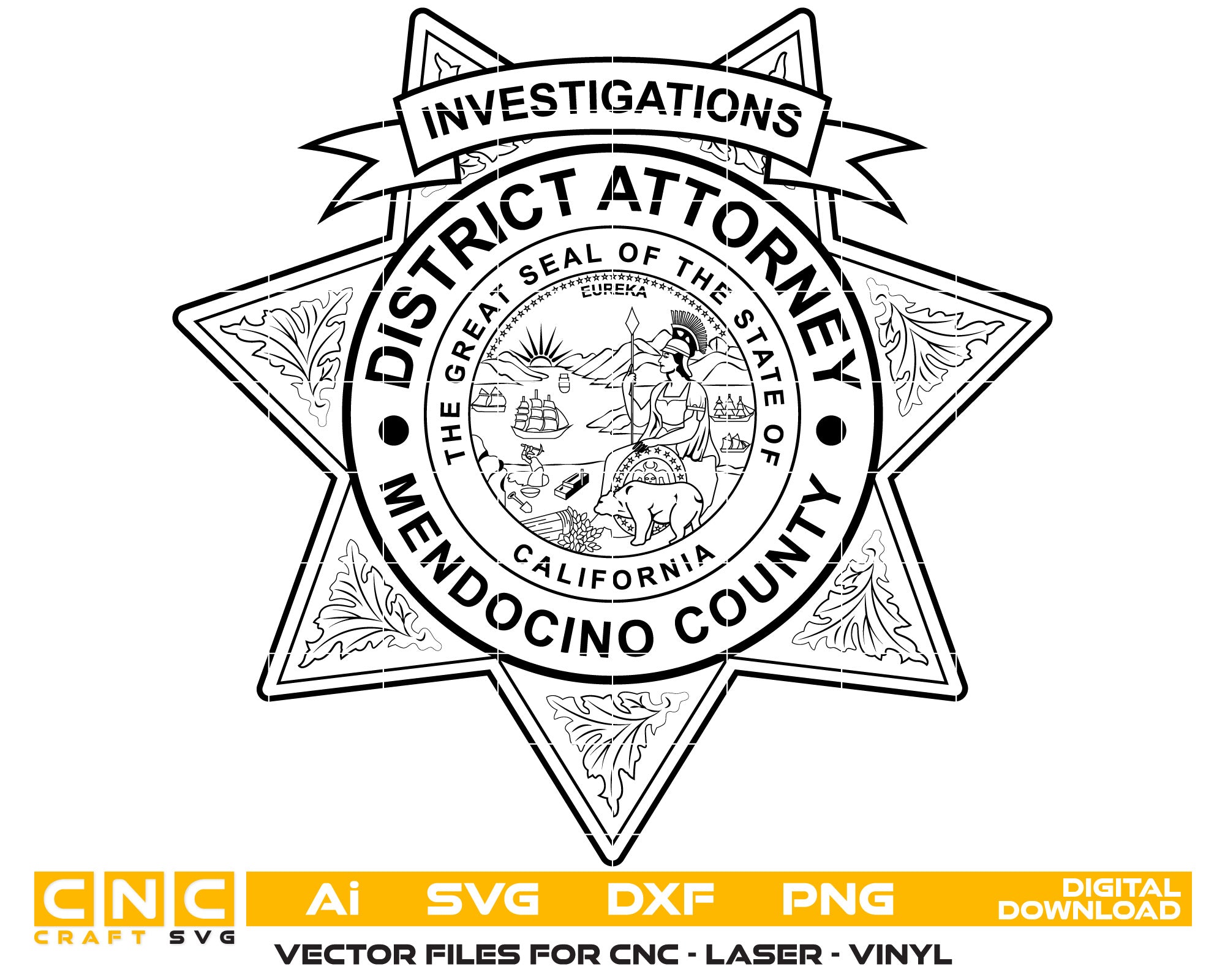 Mendocino County District Attorney Sheriff Badge Vector art Svg, Dxf, Jpg, Png, and Ai files For laser engraving, woodworking, acrylic painting, and all printing machines.