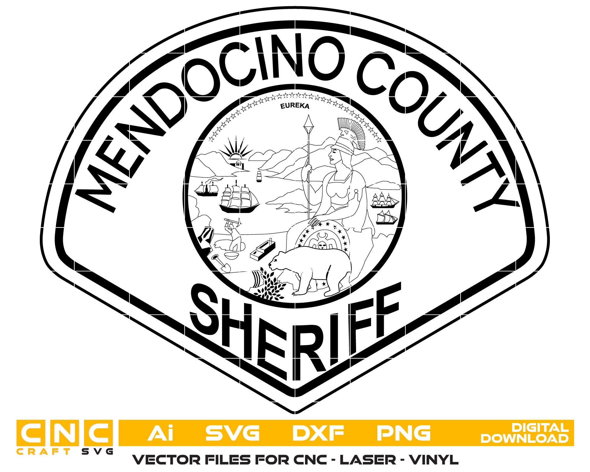 Mendocino County Sheriff Badge Vector art Svg, Dxf, Jpg, Png, and Ai files For laser engraving, woodworking, acrylic painting, and all printing machines.