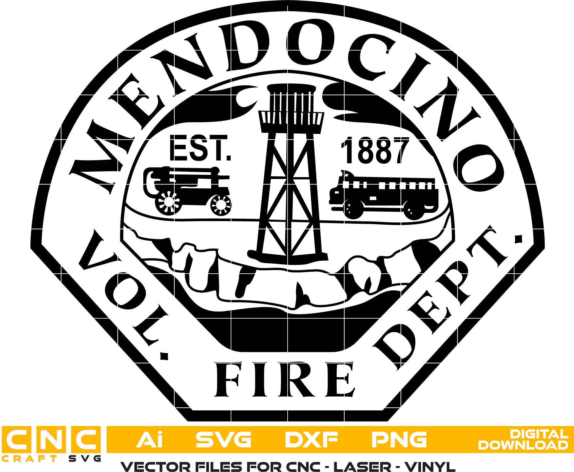 Mendocino Fire Dept Badge Vector art Svg/ Dxf/ Jpg/ Png/ and Ai files For laser engraving/ woodworking/ acrylic painting and all printing machines.