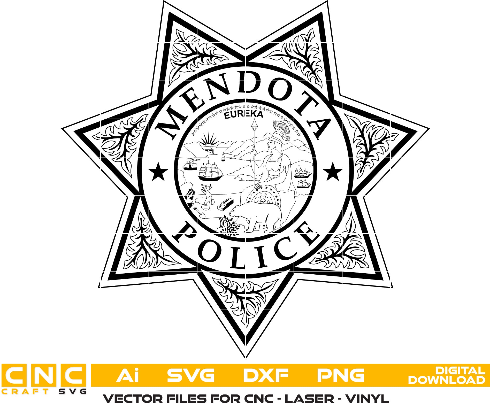 Mendota Police Badge, California Police Badge Vector art Svg, Dxf, Jpg, Png and Ai files For laser engraving, woodworking, acrylic painting, and all printing machines.