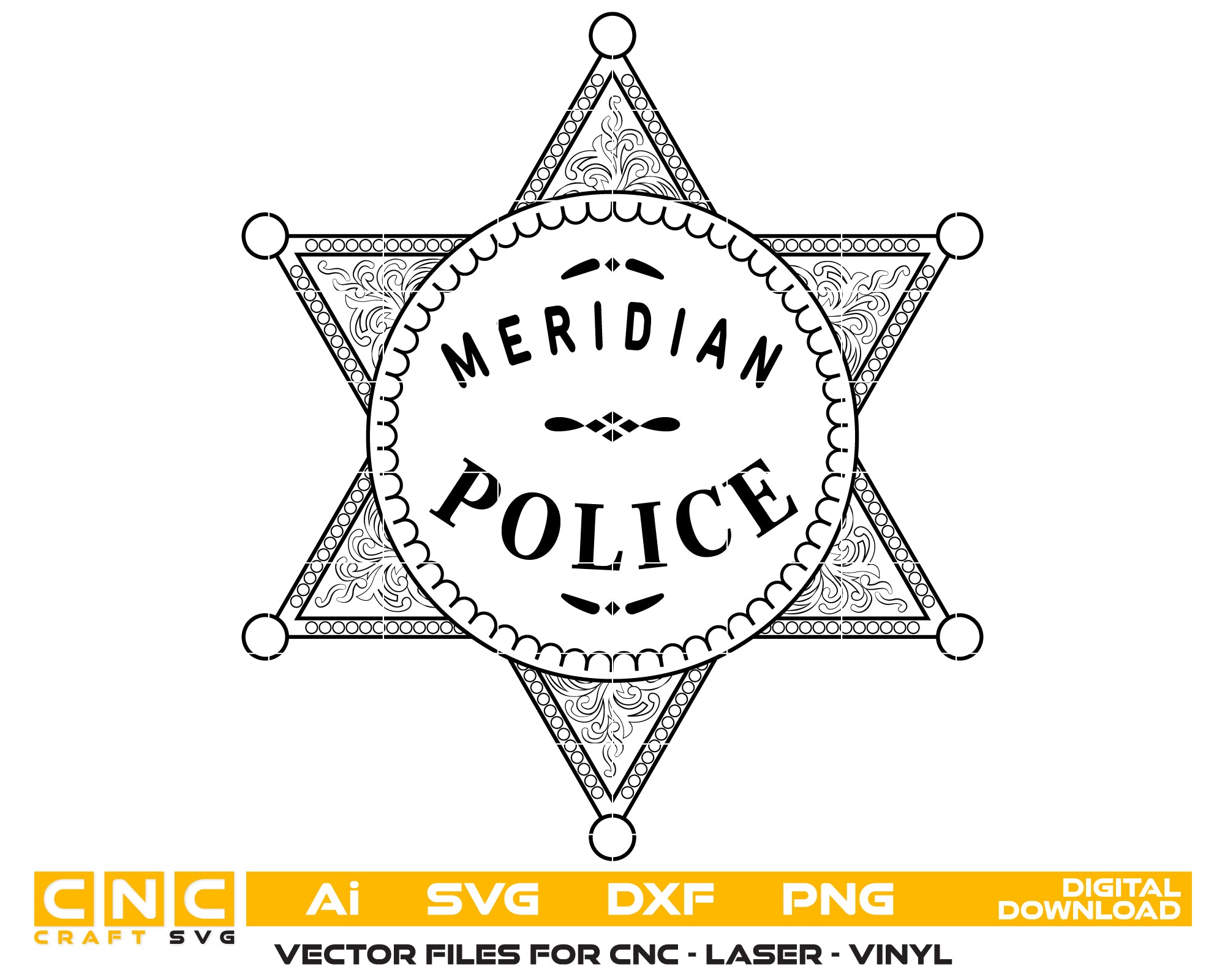 Meridian Police Badge SVG digital download, police emblem vector design for Cricut, Silhouette, CNC, engraving, and law enforcement crafts.