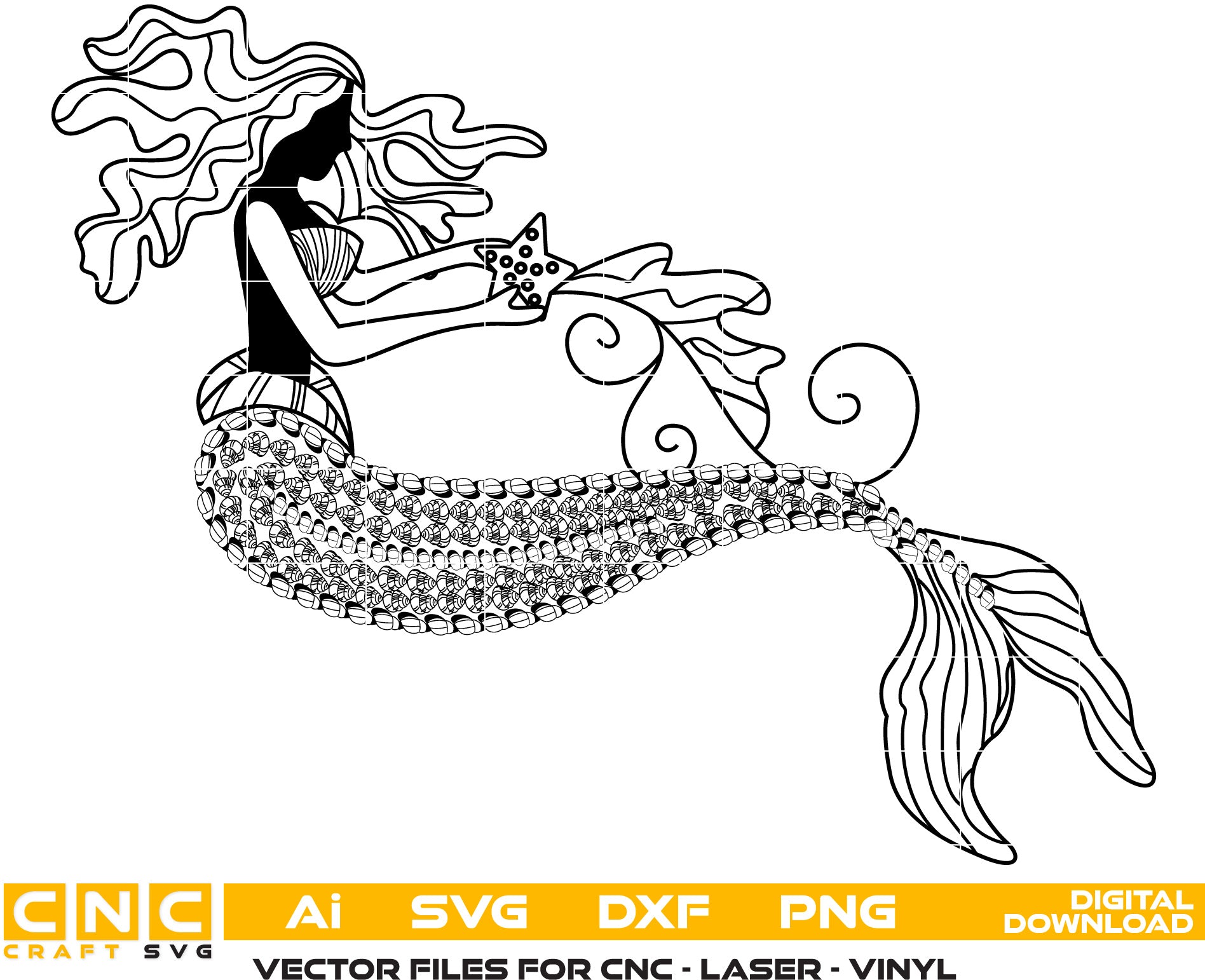 Mermaid svg Design Vector art Svg, Dxf, Jpg, Png, and Ai files For laser engraving, woodworking, acrylic painting, and all printing machines.