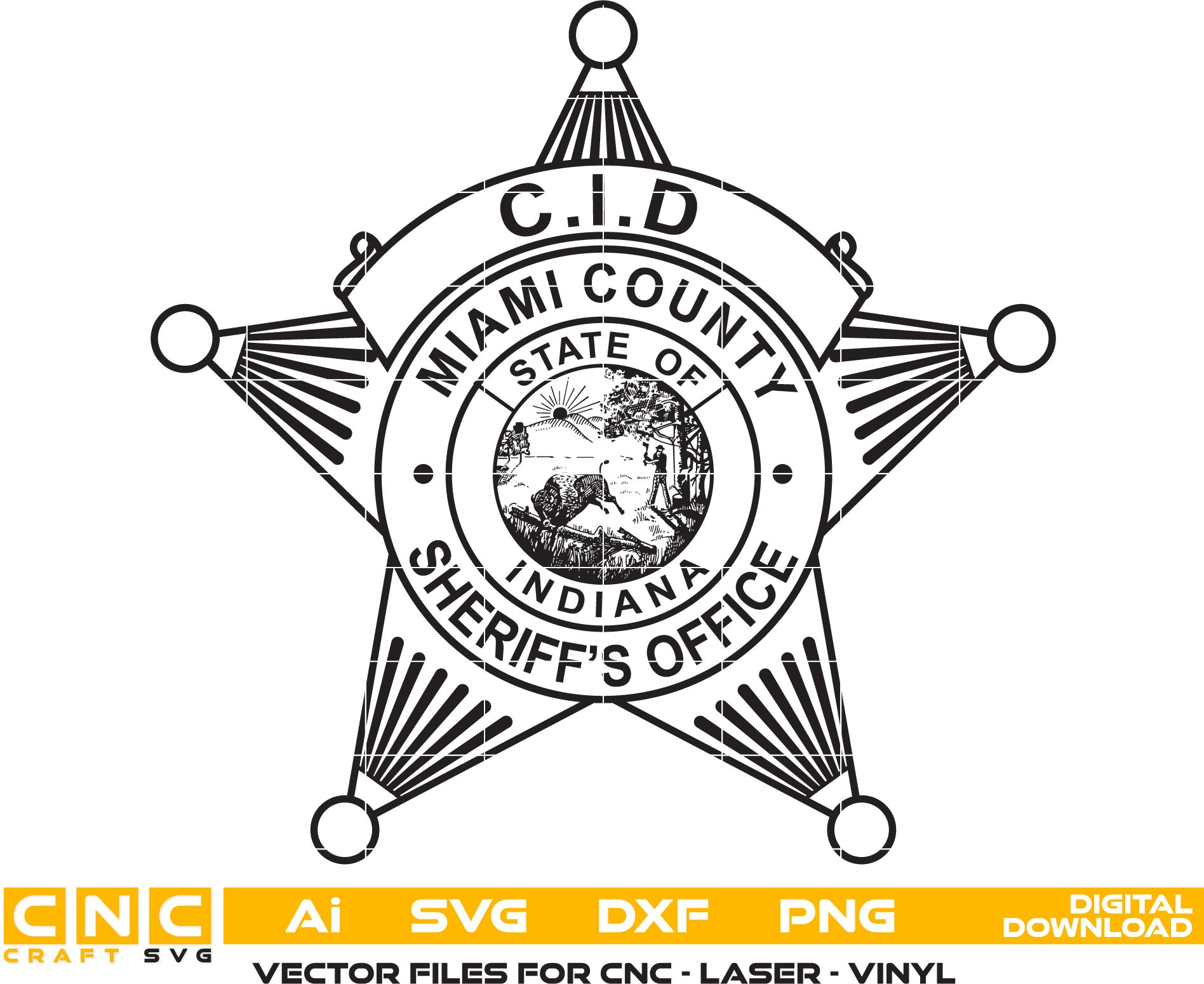 Miami , Indiana Sheriff Cid Badge Vector Art, Ai,SVG, DXF, PNG, Digital Files for Laser Engraving, Woodworking & Printing