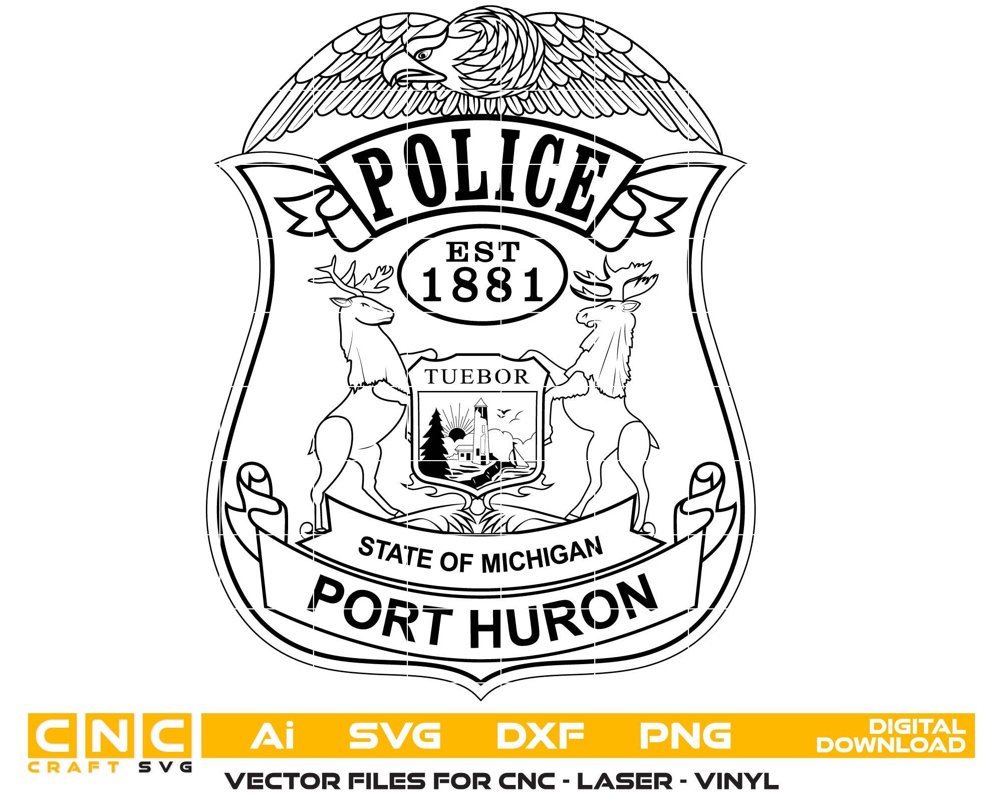 Michigan Port Huron Police Badge Vector Art, Ai,SVG, DXF, PNG, Digital Files