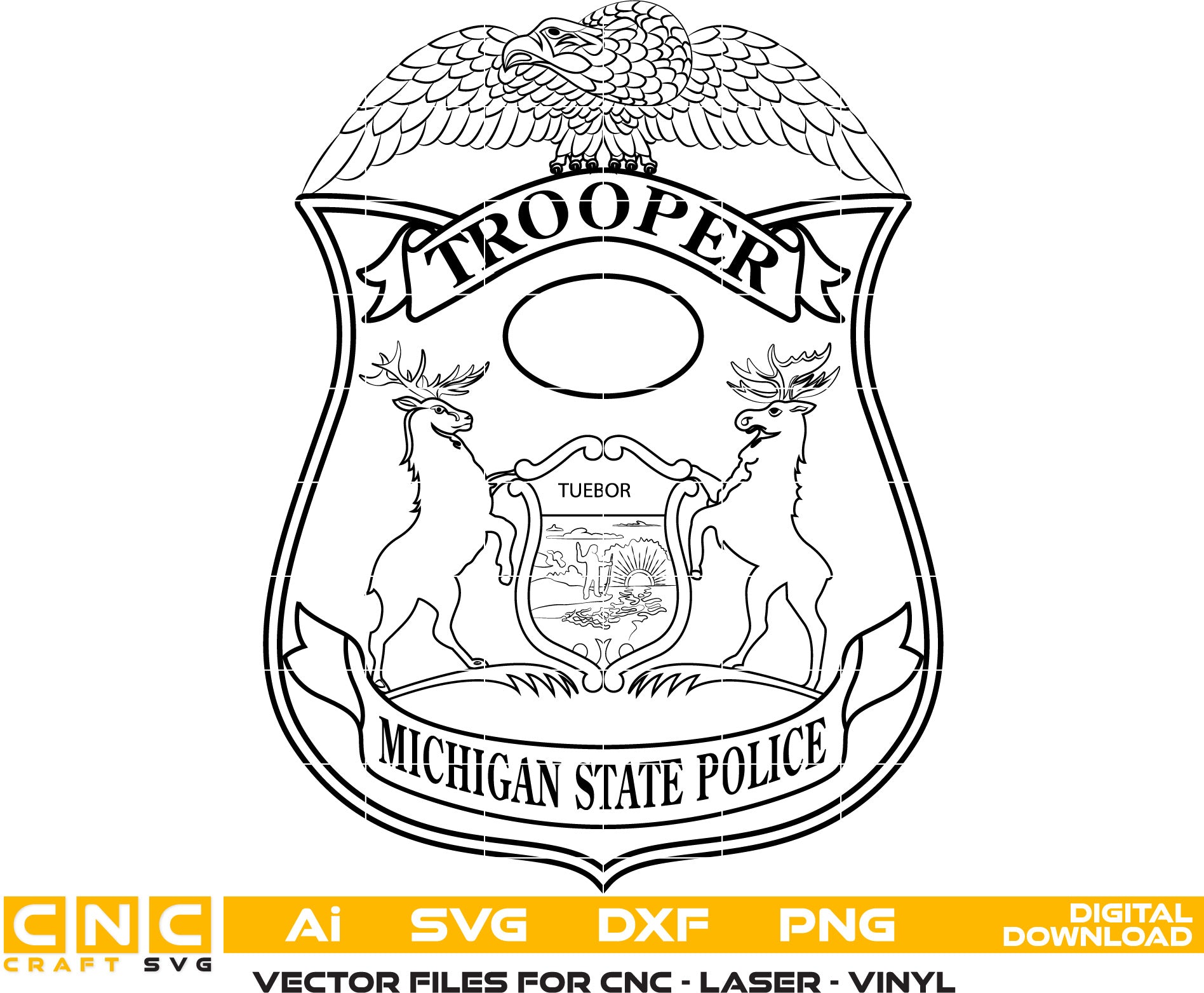 Michigan State Police Trooper Badge Vector art Svg, Dxf, Jpg, Png, and Ai files For laser engraving, woodworking, acrylic painting, and all printing machines.