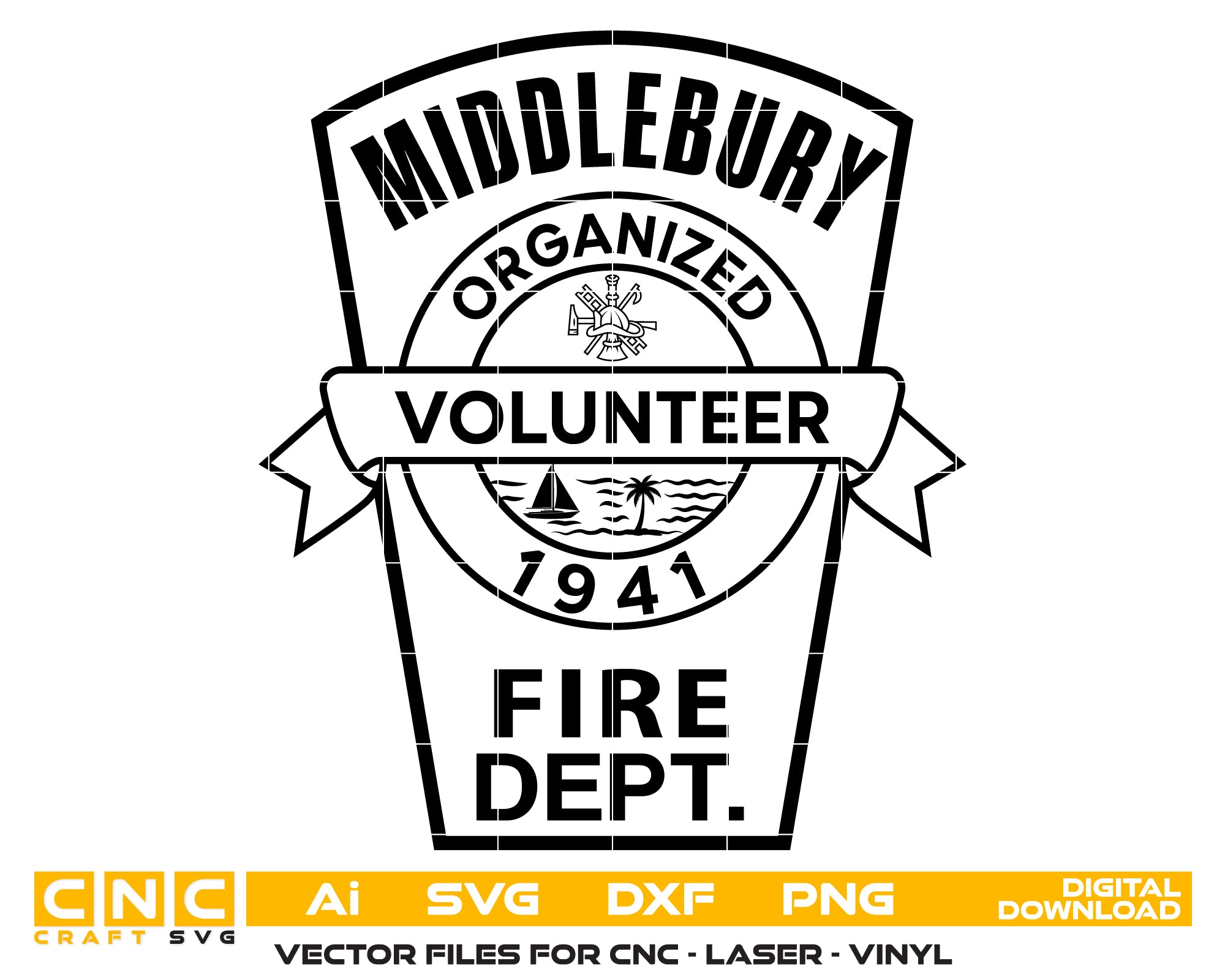 Middlebury Volunteer Fire Department Patch SVG digital download, firefighter emblem vector design for Cricut, Silhouette, CNC, engraving, and volunteer fire crafts.