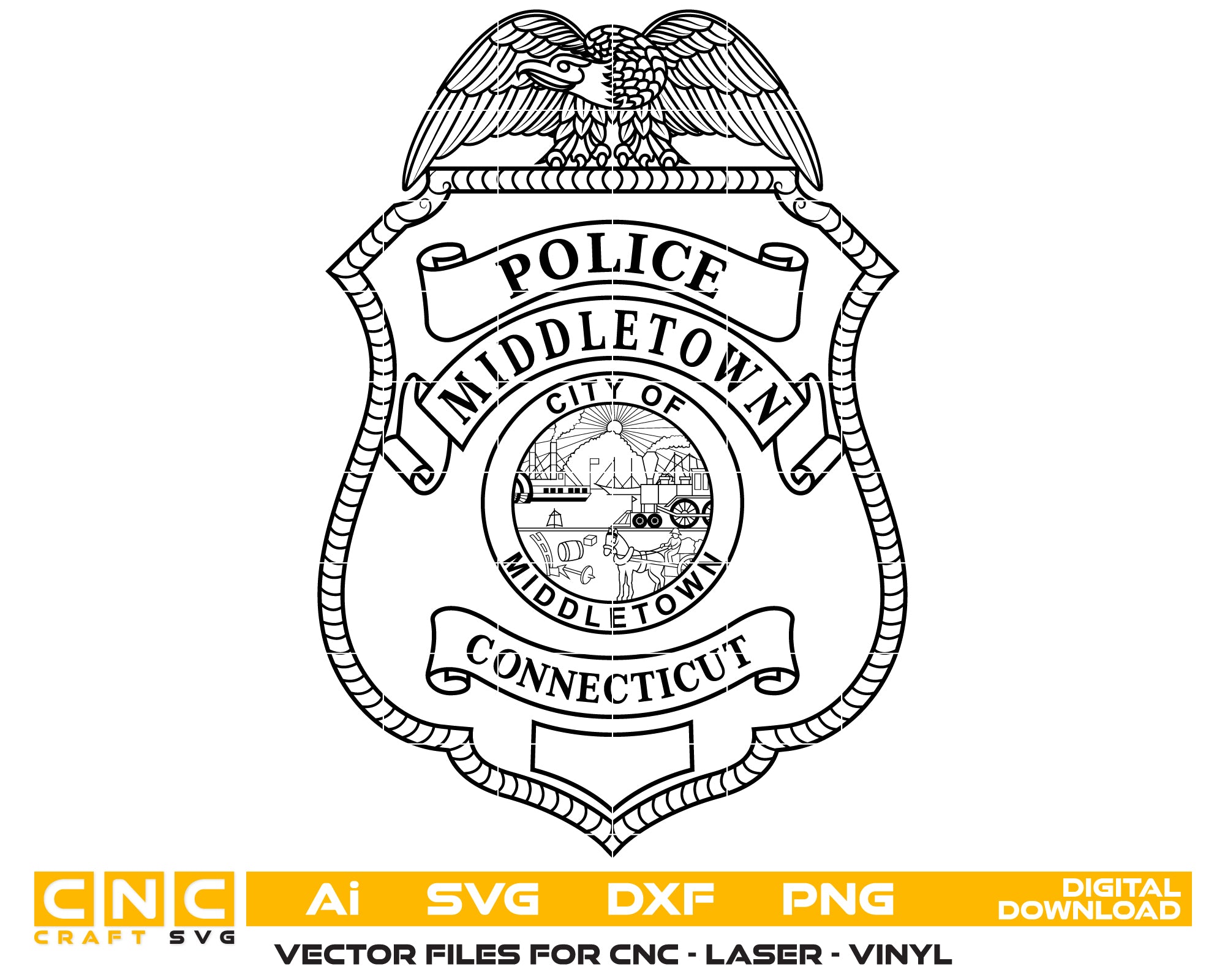 Middletown Police Department Badge SVG digital download, Connecticut police emblem vector design for Cricut, Silhouette, CNC, engraving, and law enforcement crafts.