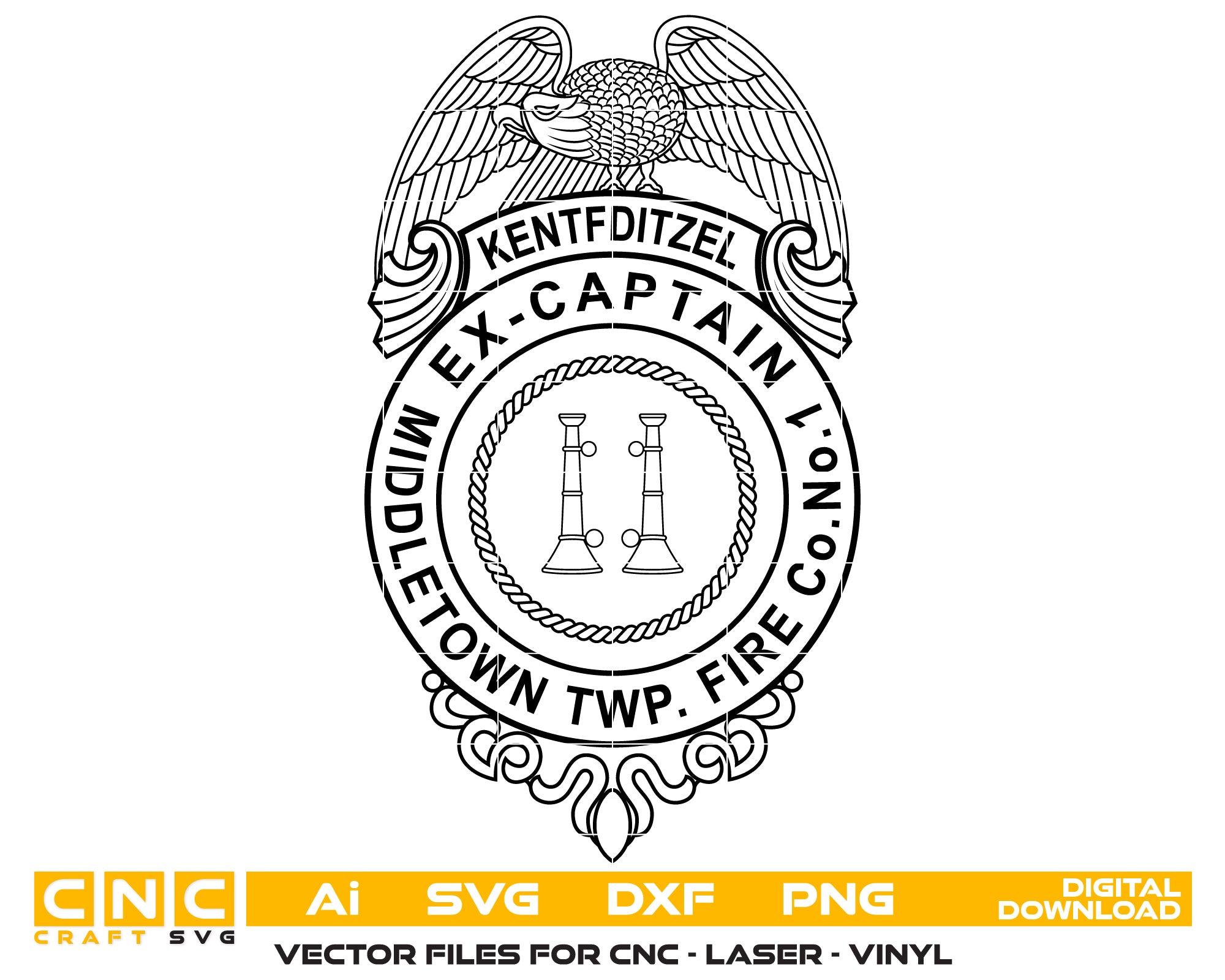 Middletown Twp. Fire Ex-Captain Badge SVG digital download, Connecticut fire service emblem vector design for Cricut, Silhouette, CNC, engraving, and firefighter crafts.