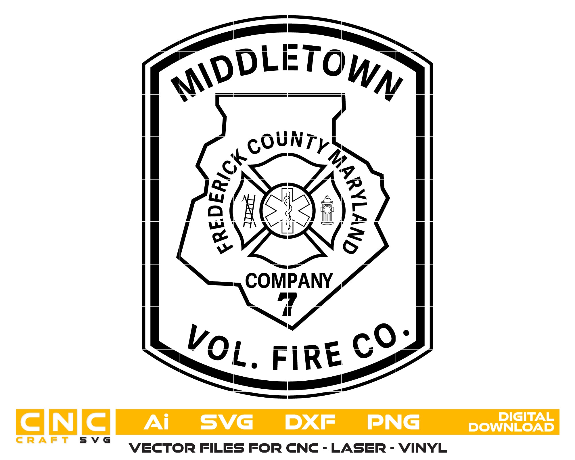 Middletown Volunteer Fire Company Logo SVG digital download, firefighter emblem vector design for Cricut, Silhouette, CNC, engraving, and volunteer fire crafts.