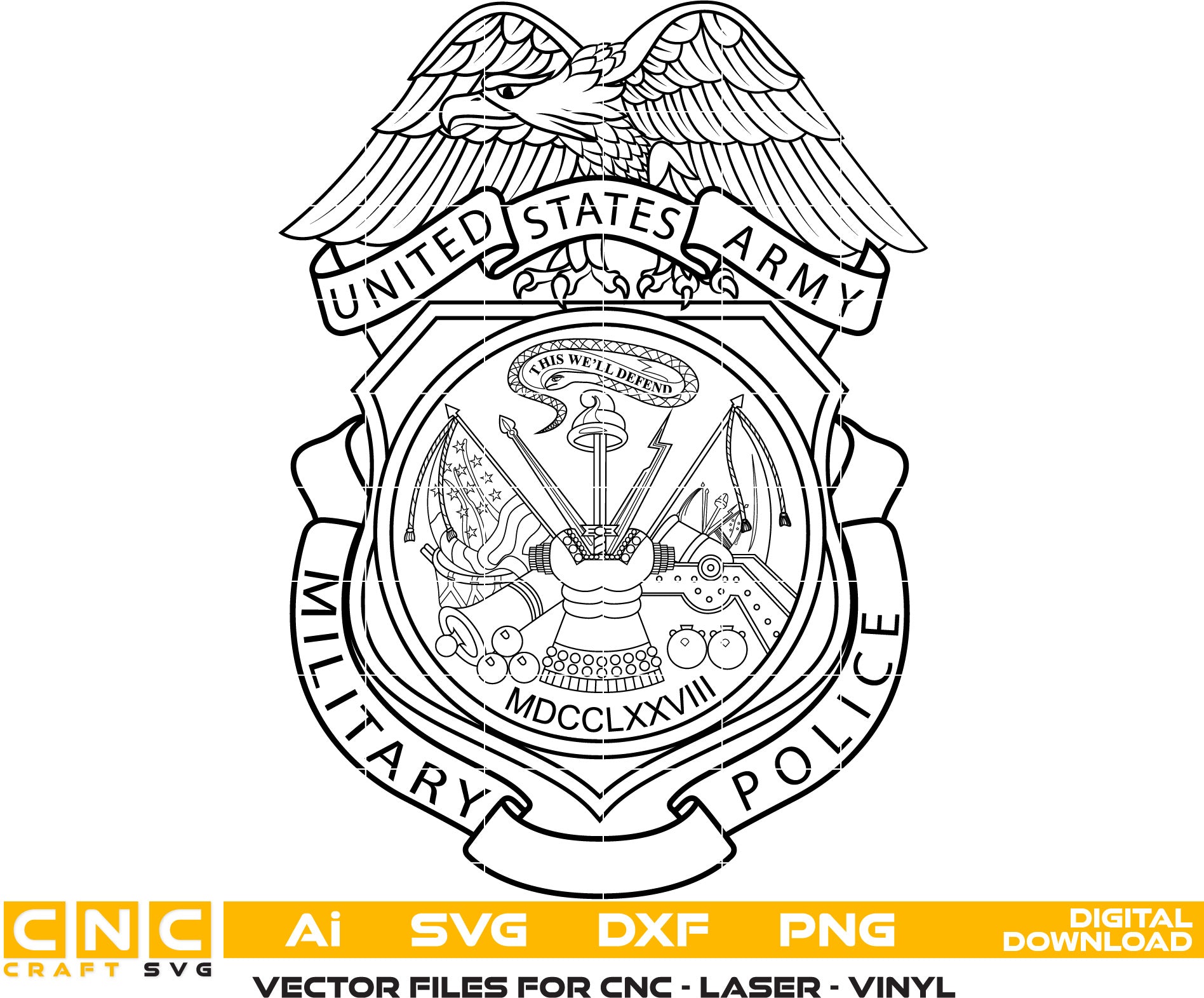 Military Police Badge Vector art Svg, Dxf, Jpg, Png, and Ai files For laser engraving, woodworking, acrylic painting, and all printing machines.